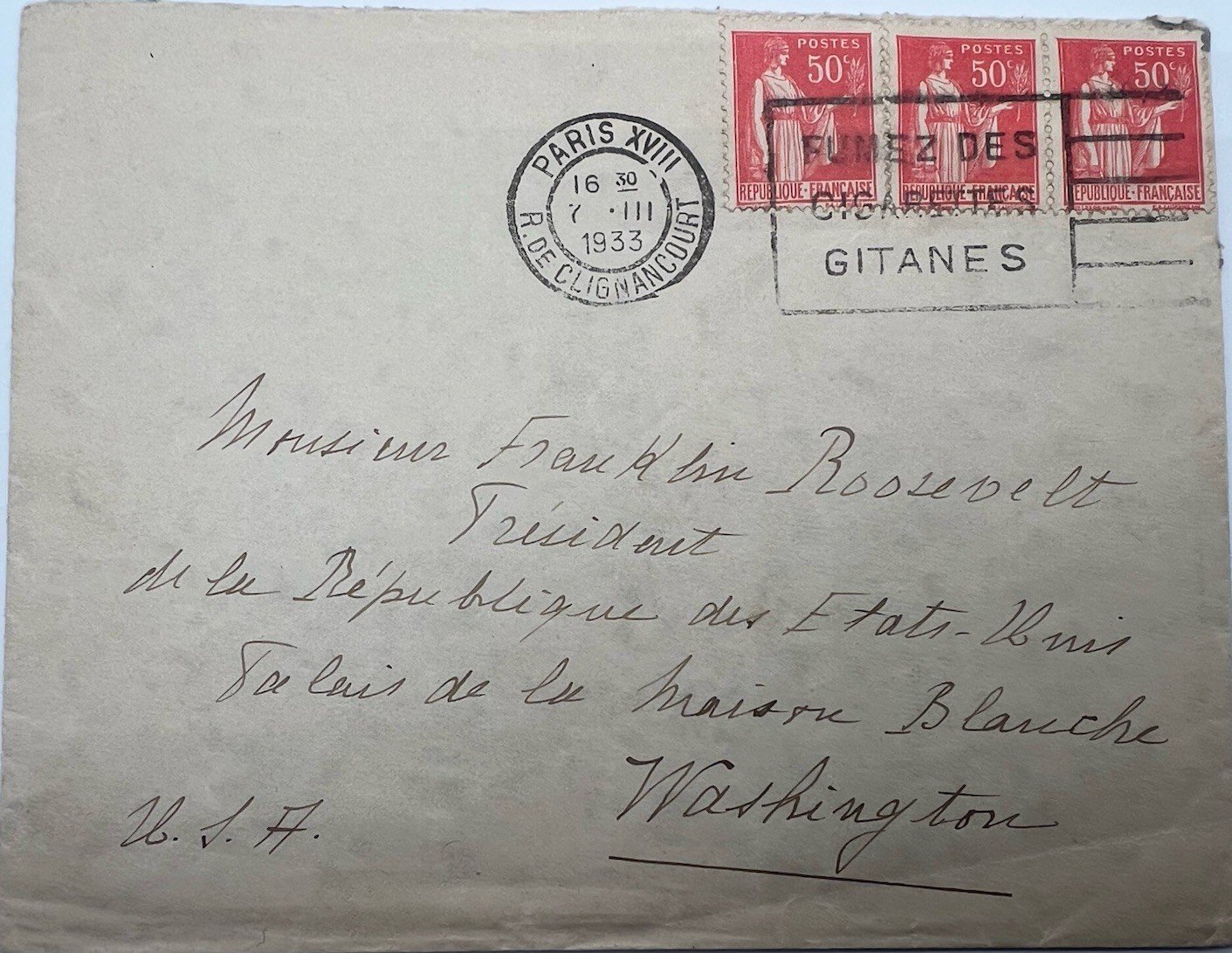 1933 France to FDR White House Cover Paris Gitanes H.R. Harmer Provenance #1292