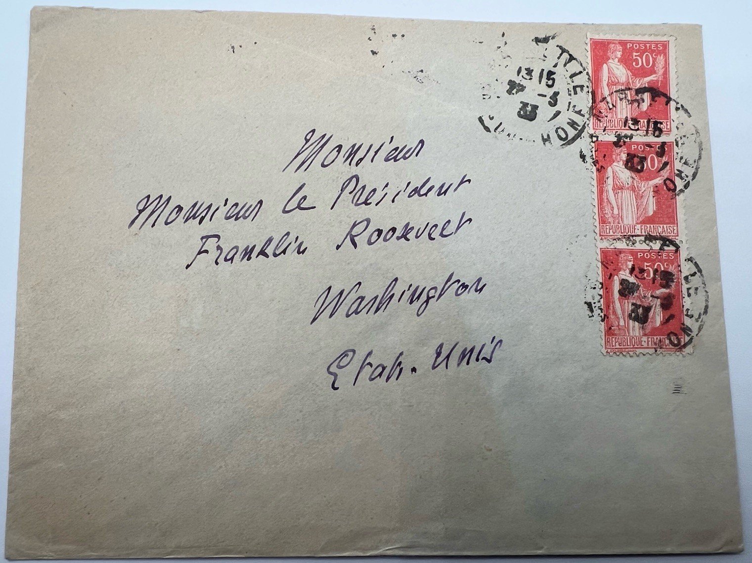 1933 France to FDR Roosevelt Cover H.R. Harmer Provenance 3 Stamps # 1293