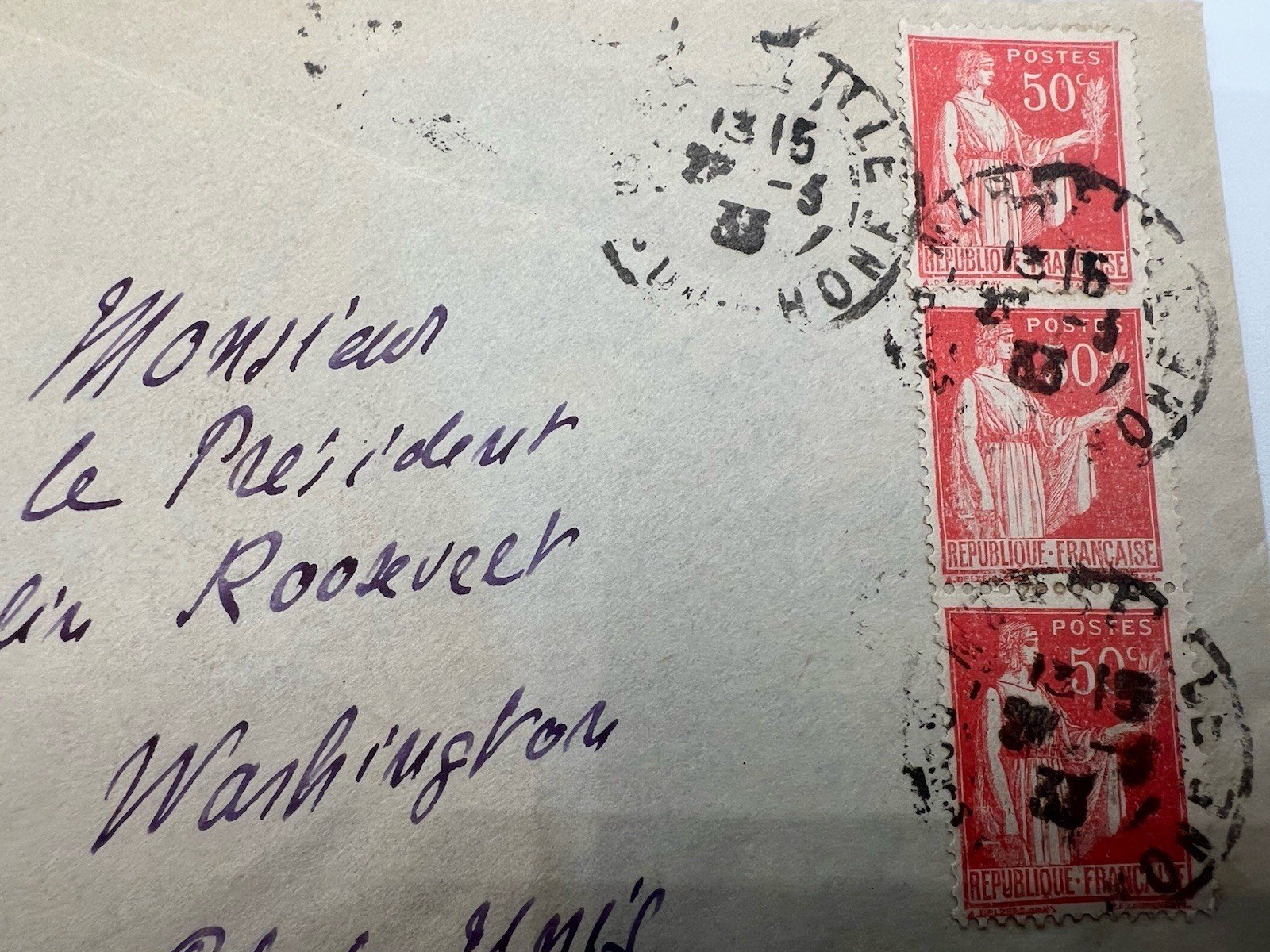 1933 France to FDR Roosevelt Cover H.R. Harmer Provenance 3 Stamps # 1293 photo 4