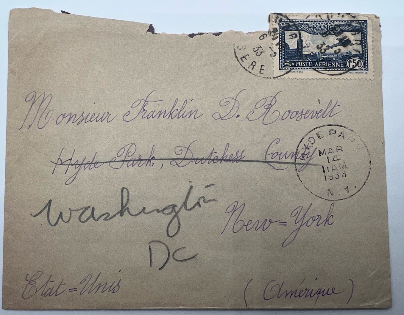 1933 FDR Franklin D Roosevelt French Airmail Cover H.R. Harmer Provenance #1295