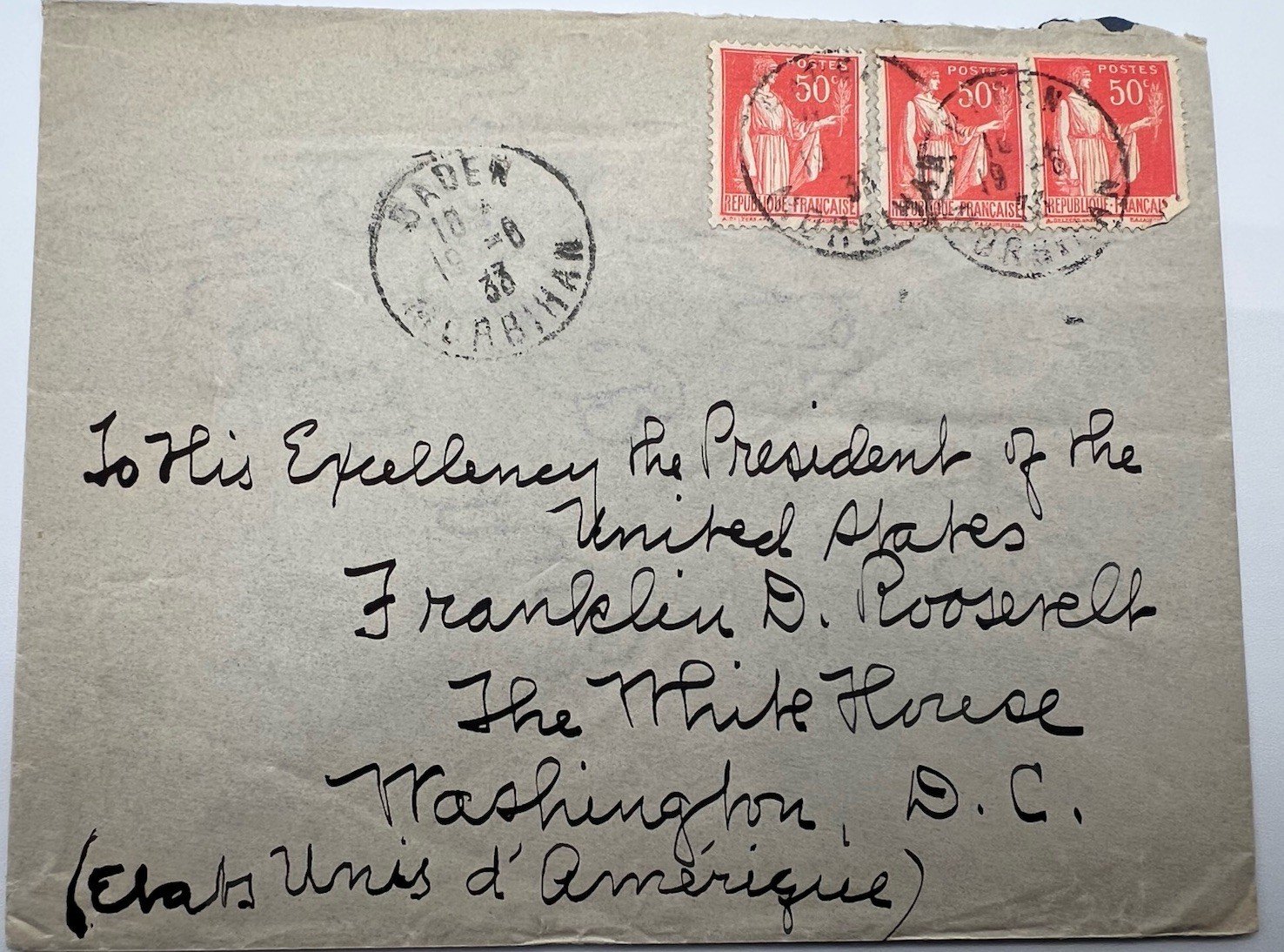 1933 FDR Roosevelt White House France Cover H.R. Harmer Provenance # 1300