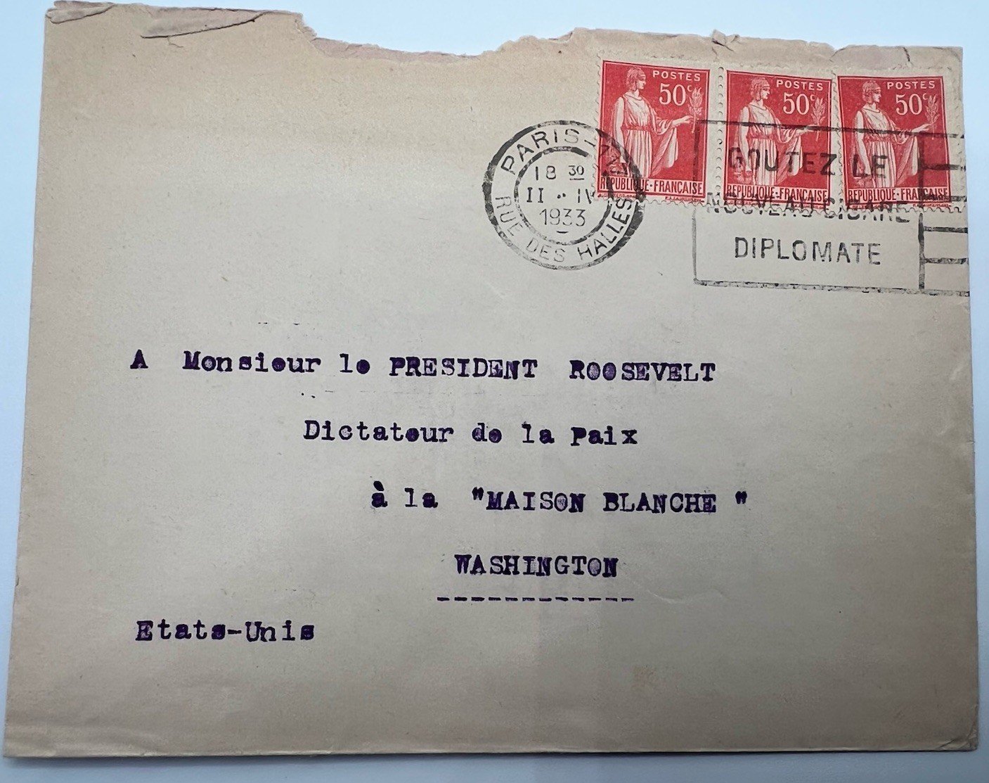 1933 FDR Roosevelt Dictator of Peace Armistice Day Cover H.R. Harmer # 1301