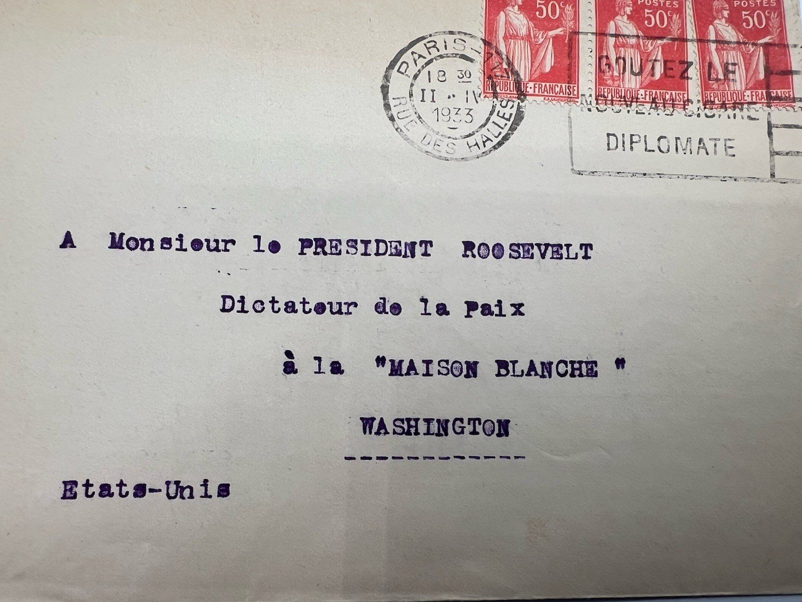 1933 FDR Roosevelt Dictator of Peace Armistice Day Cover H.R. Harmer # 1301 photo 2
