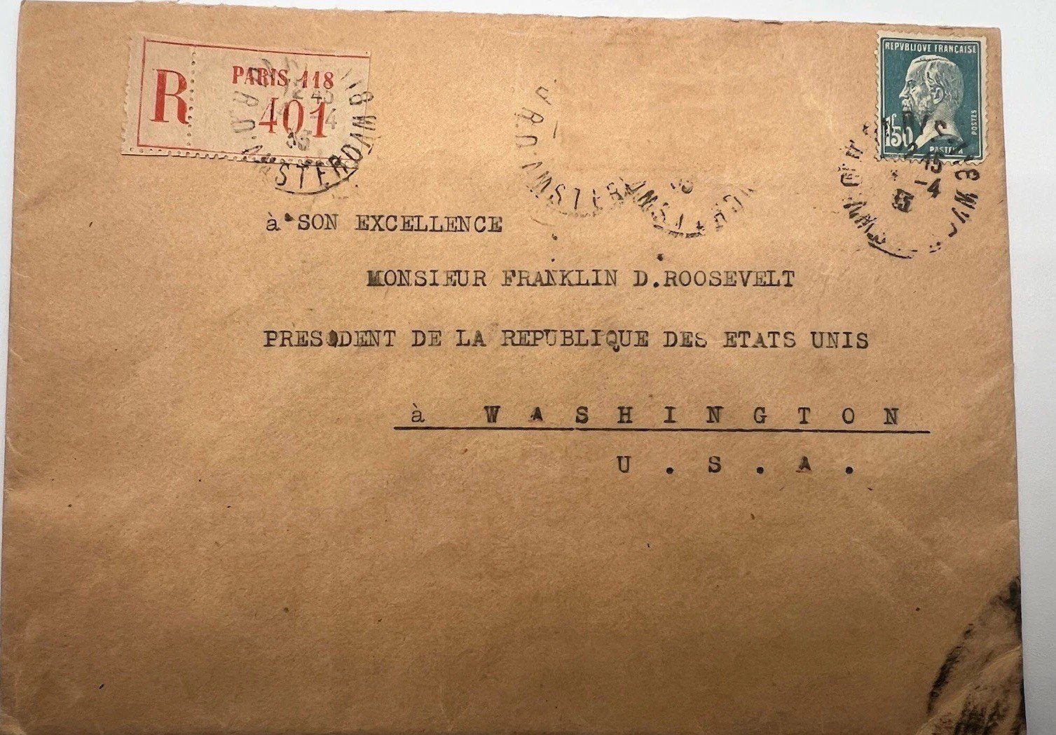 1933 FDR Franklin D Roosevelt Registered France Cover H.R. Harmer # 1308