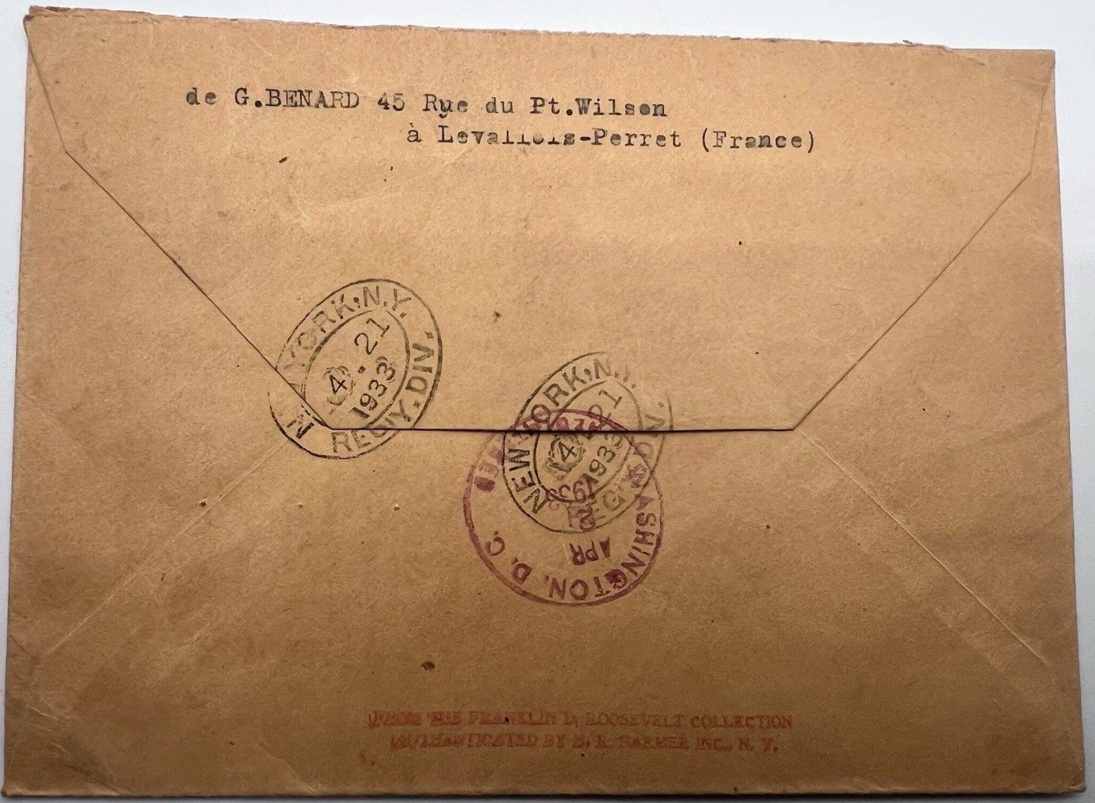 1933 FDR Franklin D Roosevelt Registered France Cover H.R. Harmer # 1308 photo 6