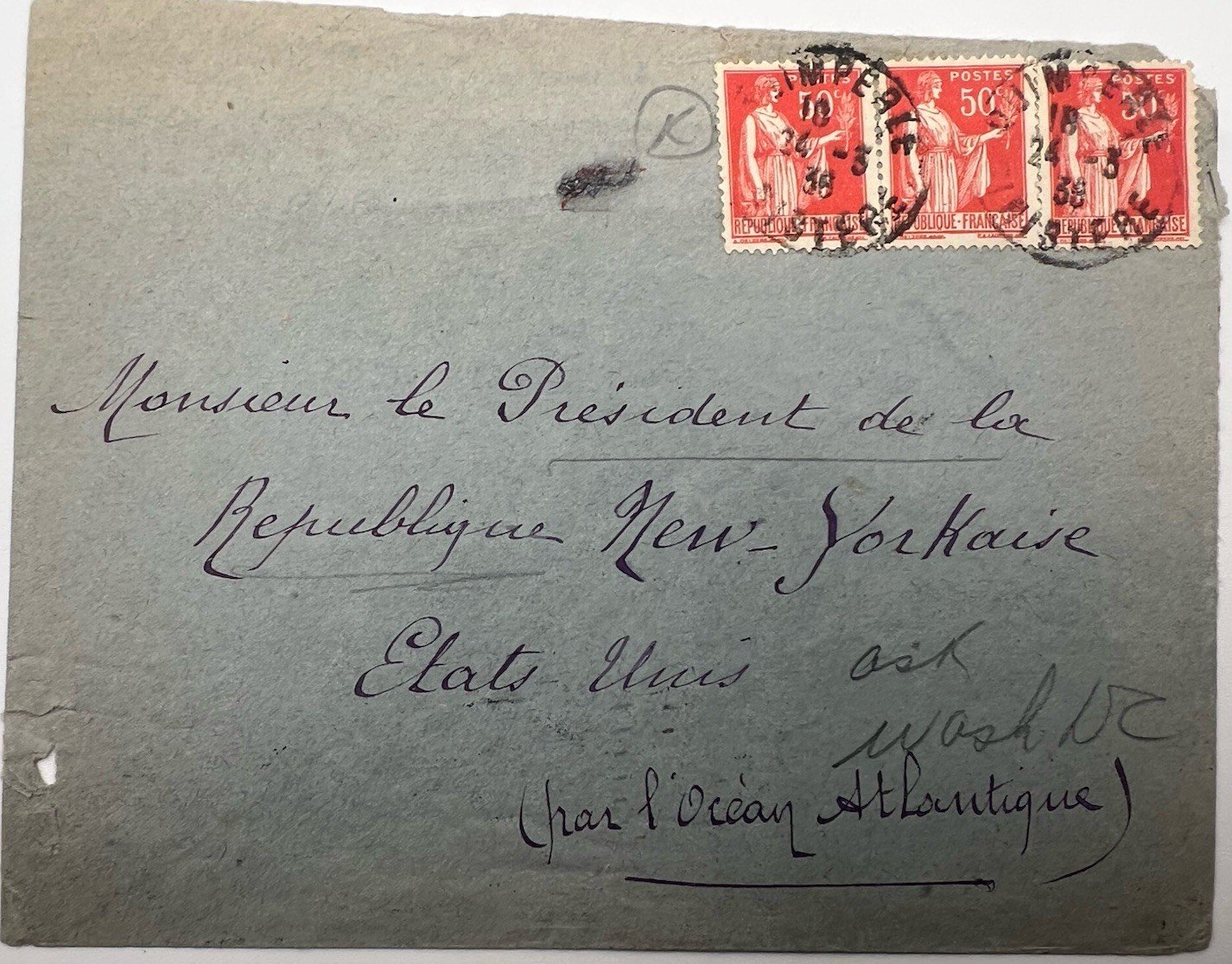 1936 FDR Franklin D Roosevelt France Cover H.R. Harmer Collection # 1309
