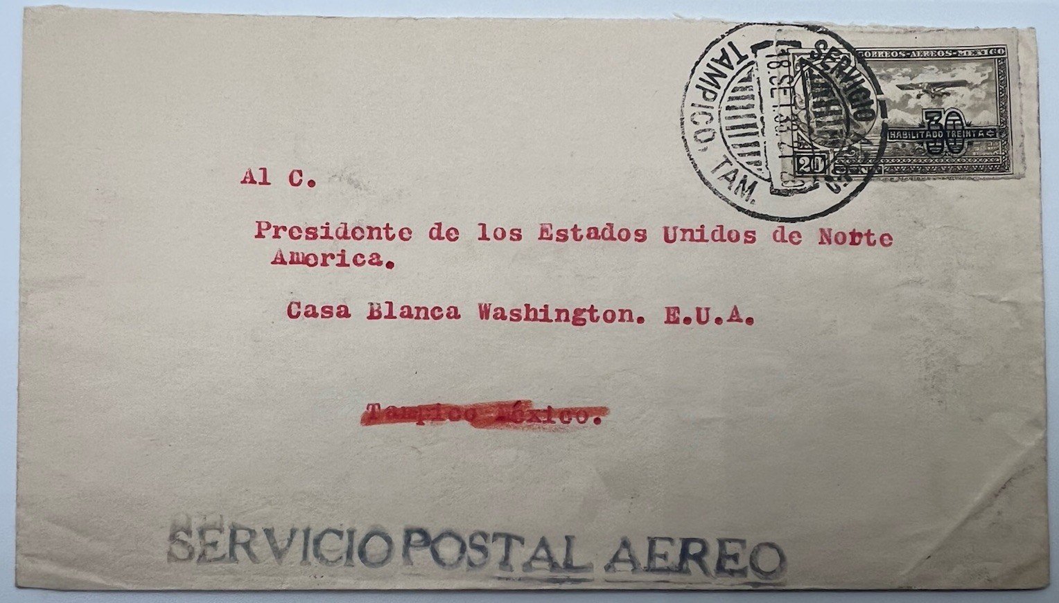 1936 FDR Franklin D Roosevelt Mexico Airmail Cover H.R. Harmer # 1310