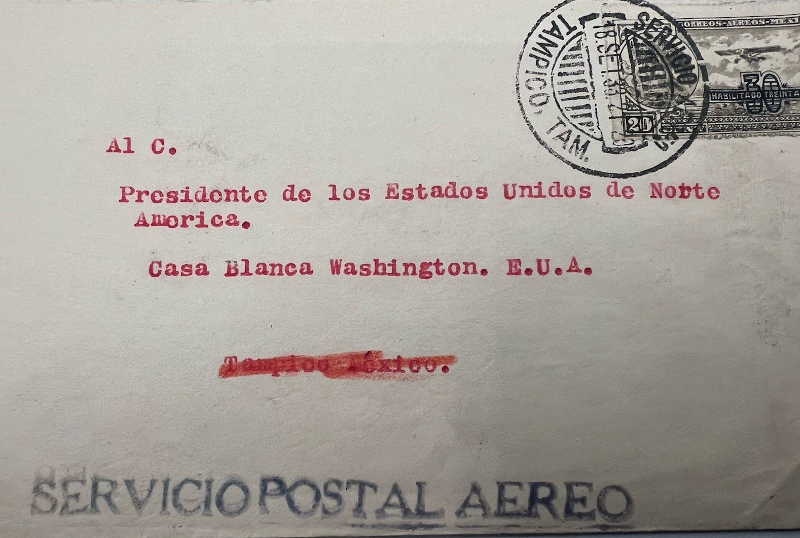 1936 FDR Franklin D Roosevelt Mexico Airmail Cover H.R. Harmer # 1310 photo 2