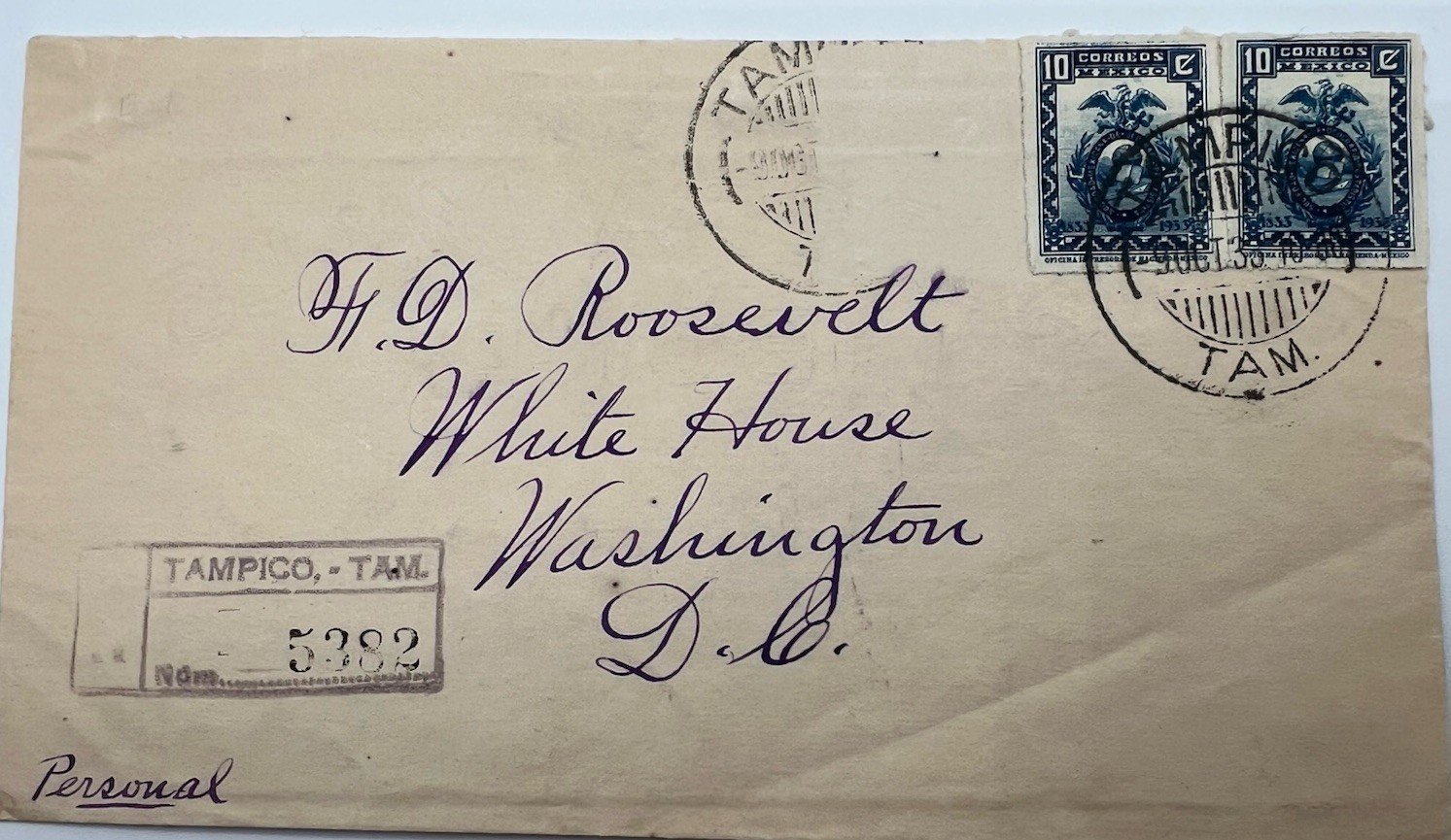 1933 FDR Mexico Registered White House Cover H.R. Harmer Provenance # 1316
