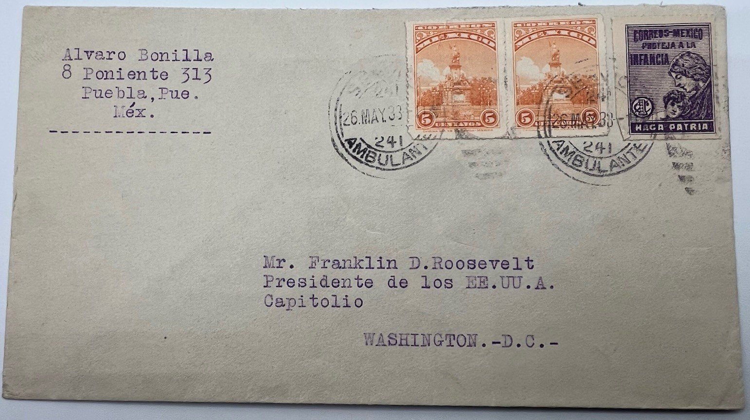 1933 FDR Roosevelt Puebla Mexico 3-Stamp Cover H.R. Harmer Collection # 1319