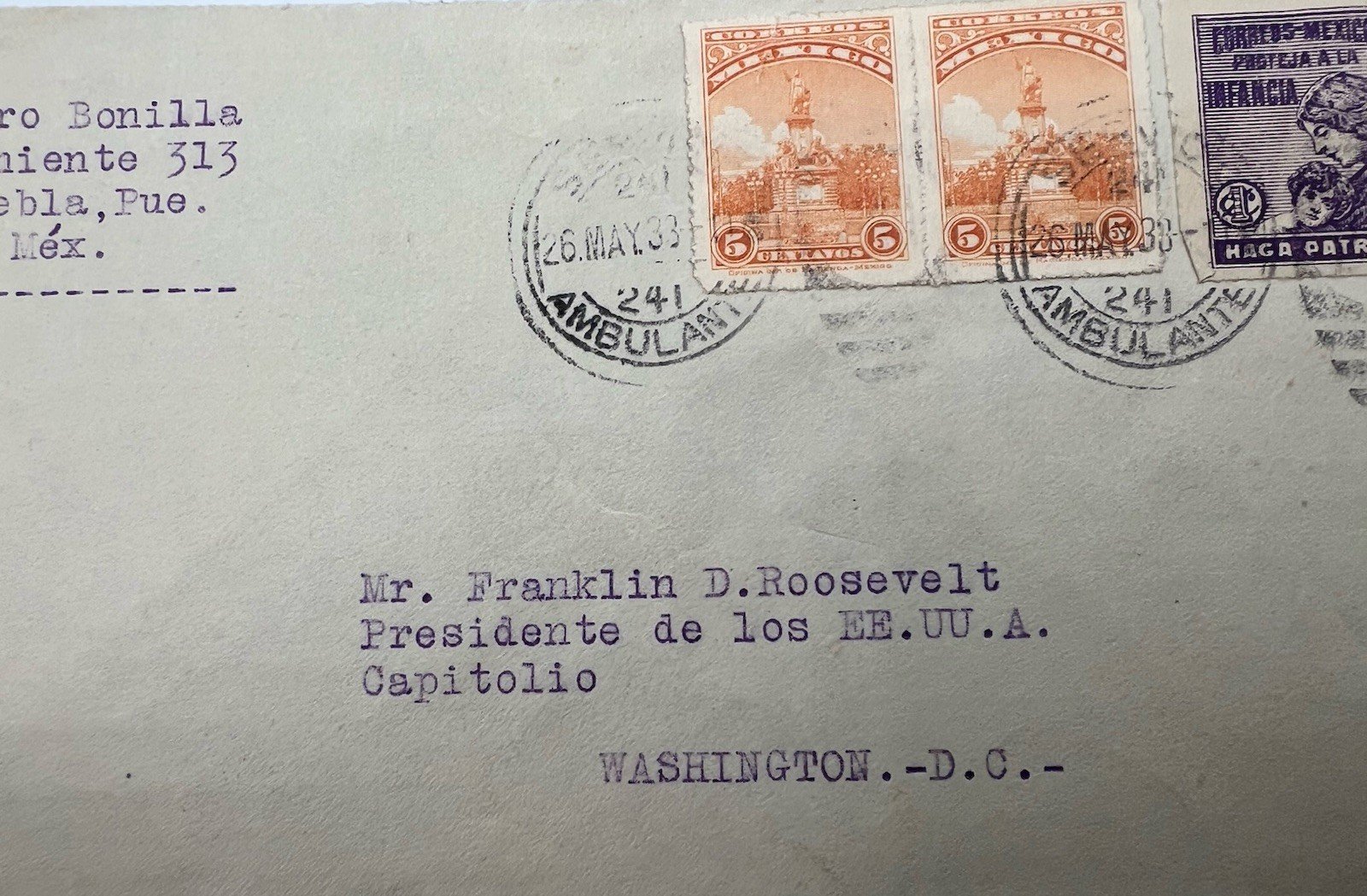 1933 FDR Roosevelt Puebla Mexico 3-Stamp Cover H.R. Harmer Collection # 1319 photo 2