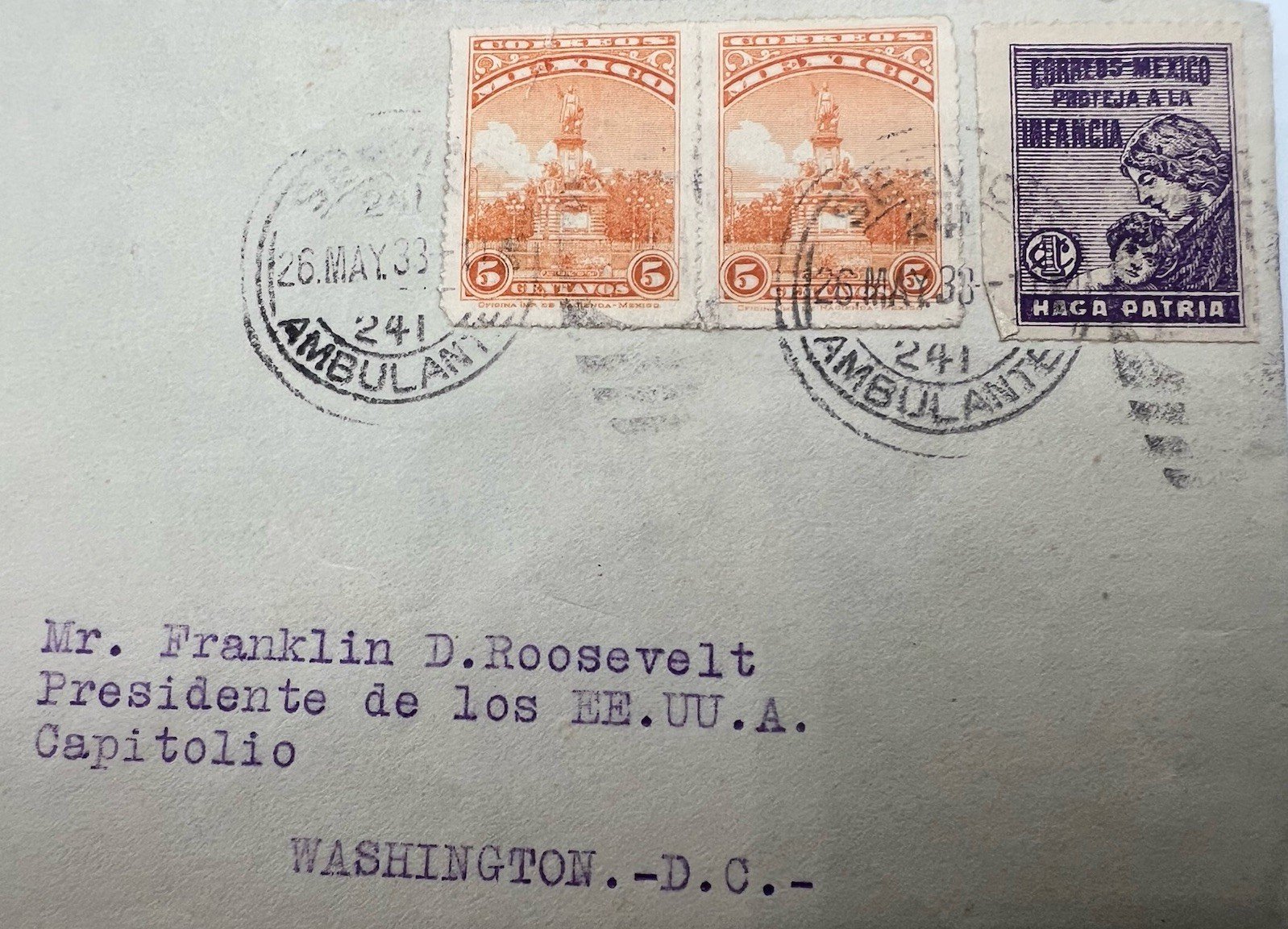 1933 FDR Roosevelt Puebla Mexico 3-Stamp Cover H.R. Harmer Collection # 1319 photo 3