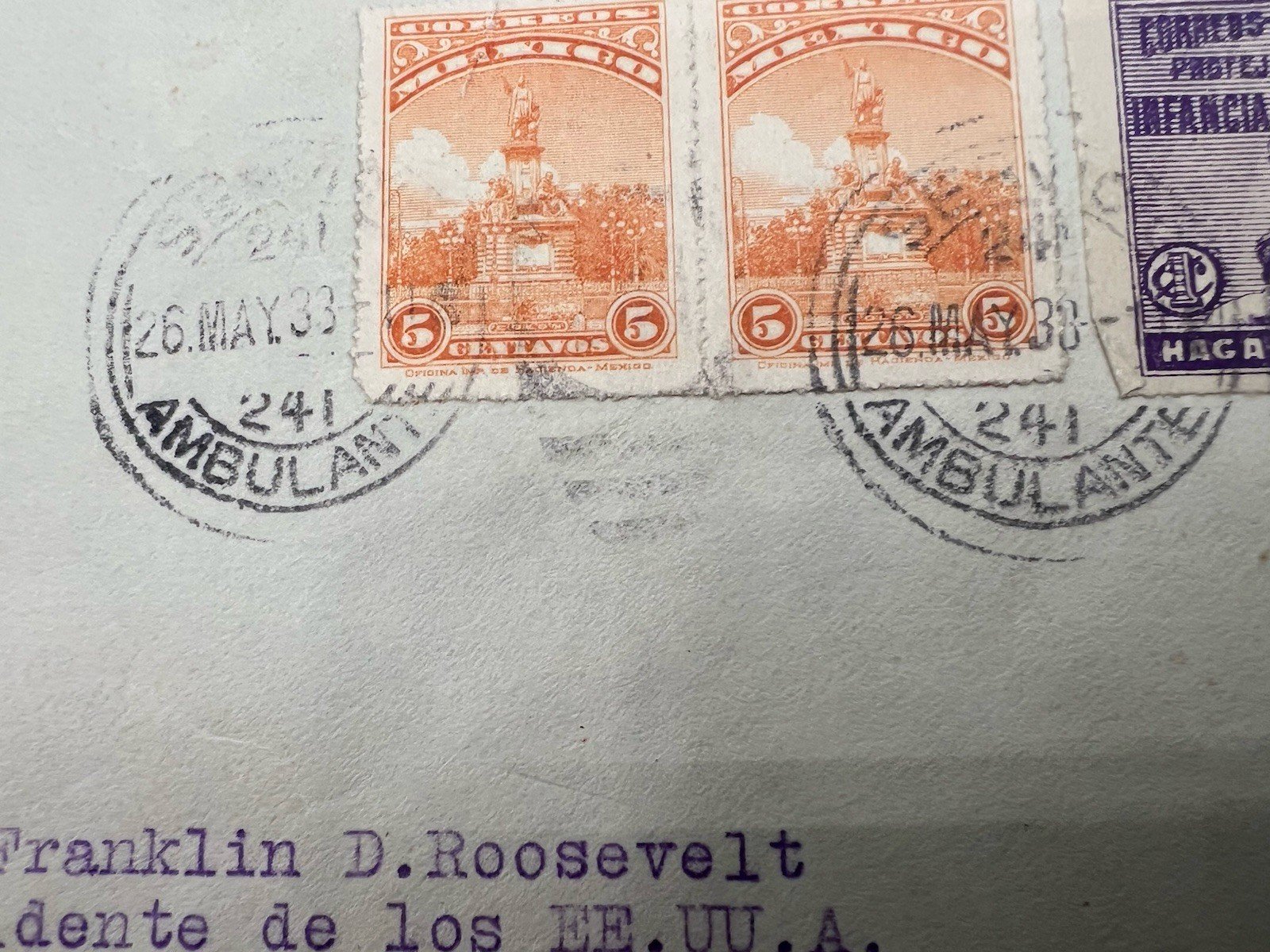 1933 FDR Roosevelt Puebla Mexico 3-Stamp Cover H.R. Harmer Collection # 1319 photo 4