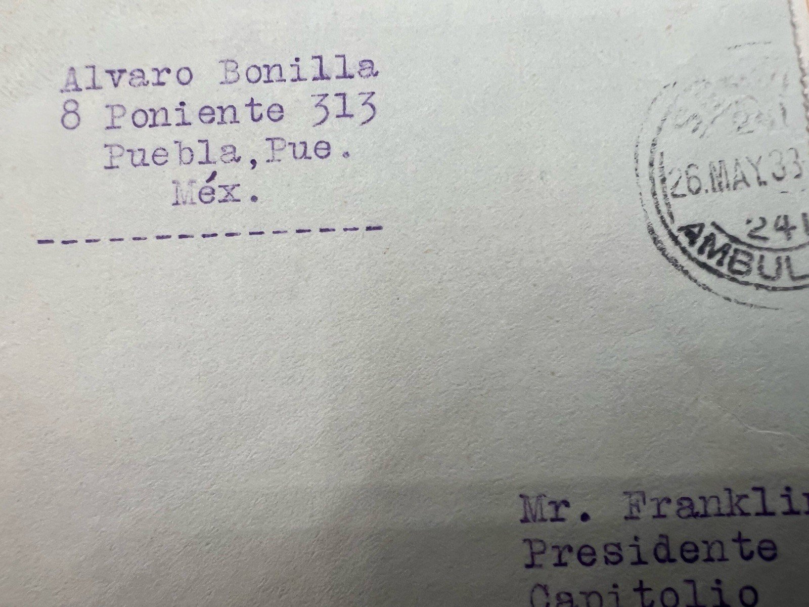 1933 FDR Roosevelt Puebla Mexico 3-Stamp Cover H.R. Harmer Collection # 1319 photo 5
