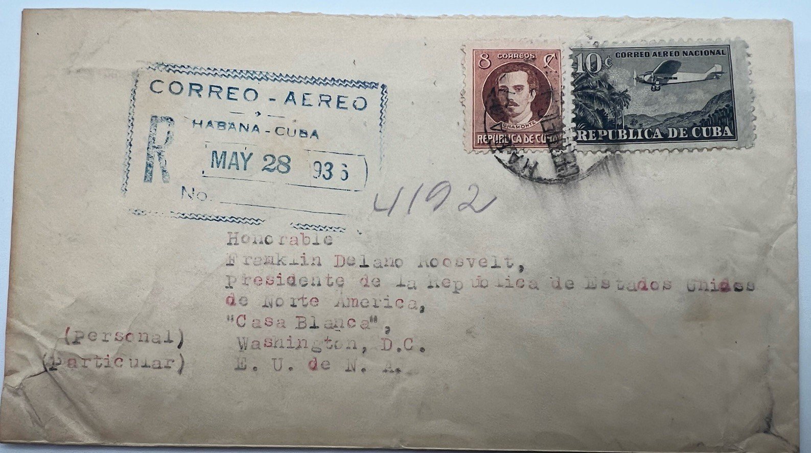 1936 Cuba Registered Airmail Cover to FDR White House H.R. Harmer # 1330