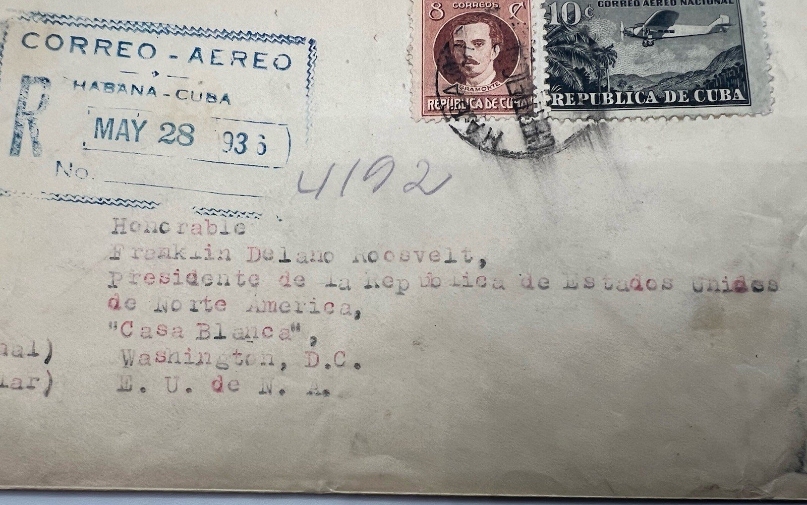 1936 Cuba Registered Airmail Cover to FDR White House H.R. Harmer # 1330 photo 2