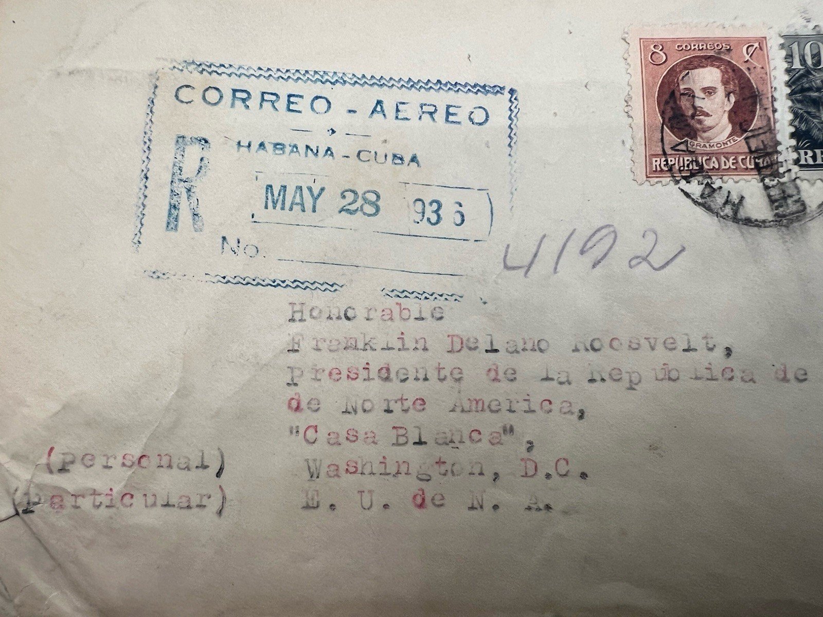 1936 Cuba Registered Airmail Cover to FDR White House H.R. Harmer # 1330 photo 3