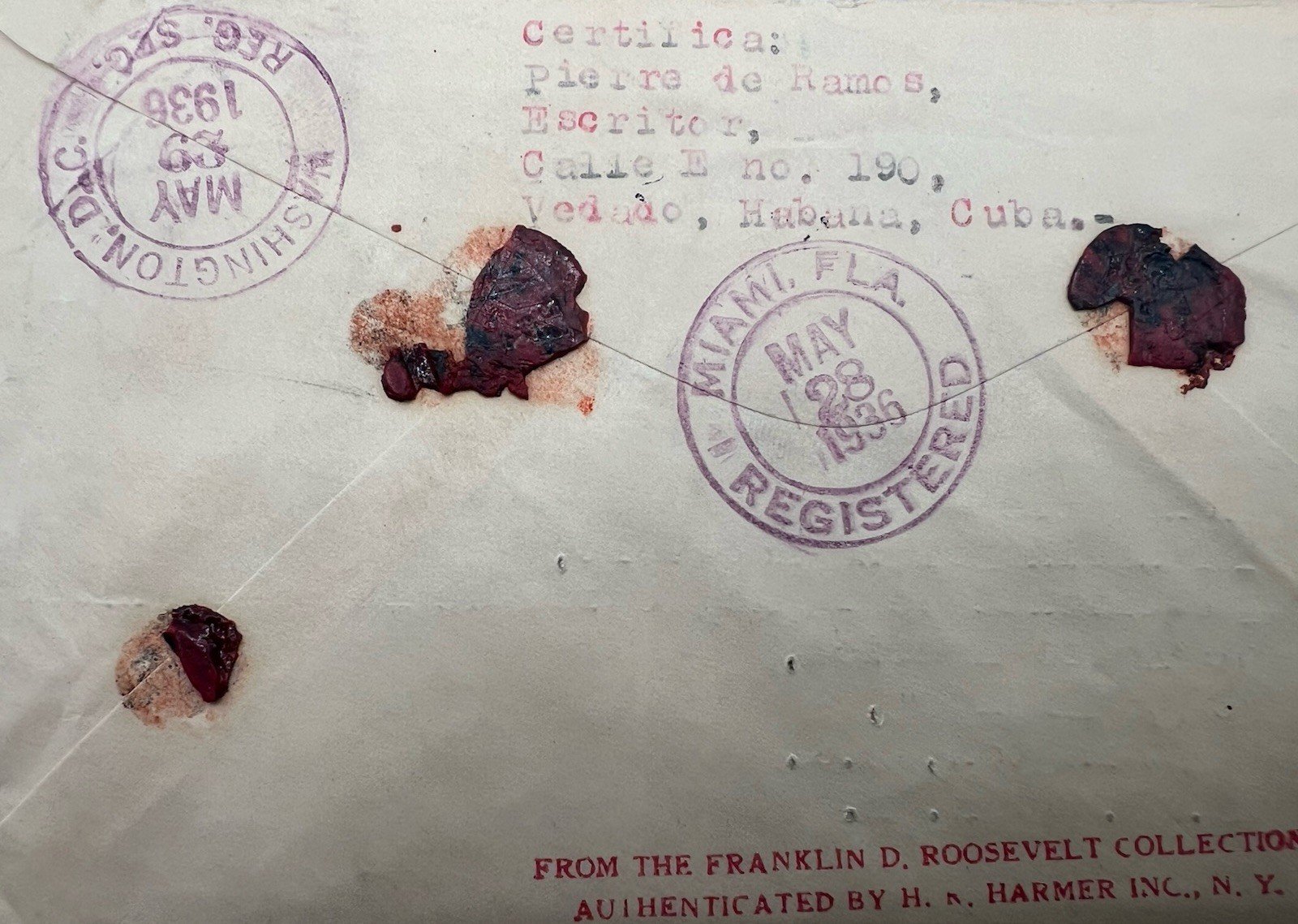 1936 Cuba Registered Airmail Cover to FDR White House H.R. Harmer # 1330 photo 7