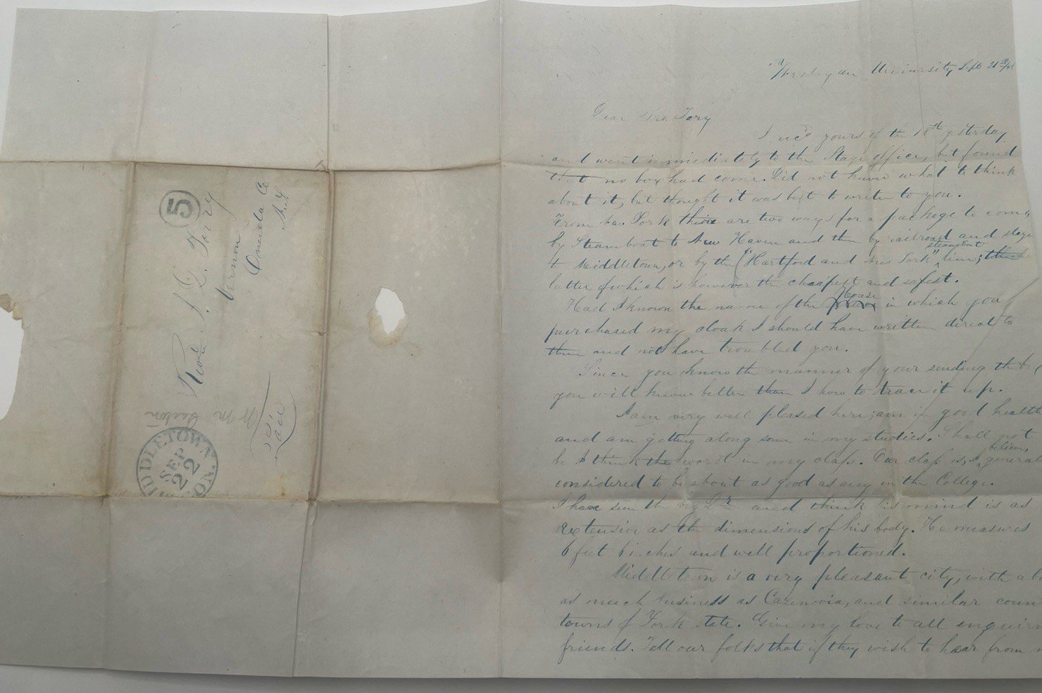 1848 Wesleyan Univ Middletown CT 5¢ Stampless Letter Rev J.D. Torry #1392