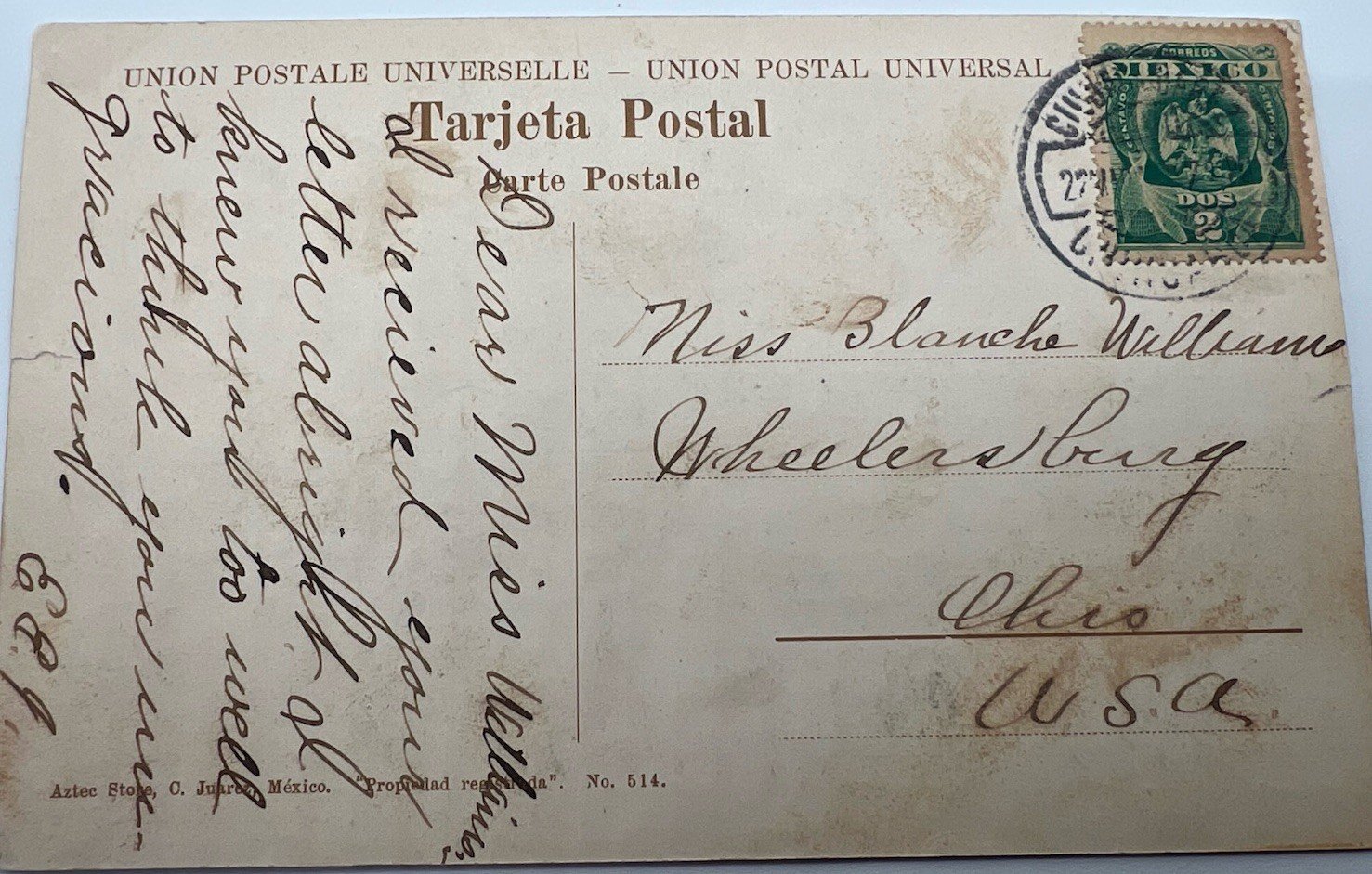 1908 Ciudad Juarez Mexico Guadalupe Church Postcard 2c Stamp Aztec Store #1393
