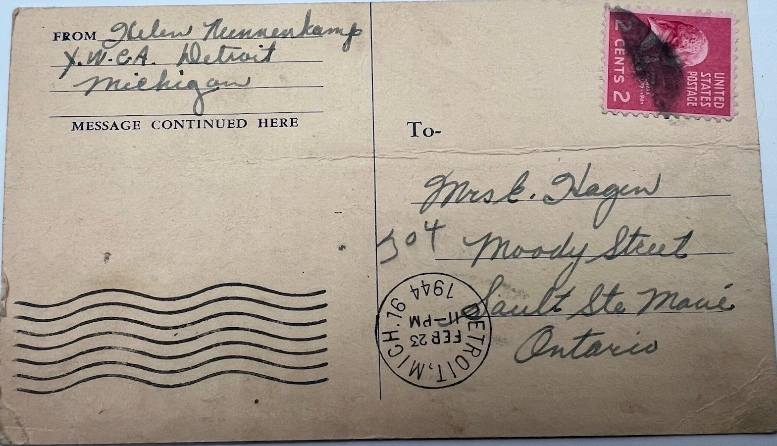 1944 WWII USO YWCA Detroit Postcard 2c John Adams Stamp #1394