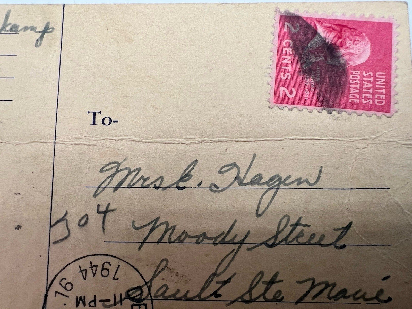 1944 WWII USO YWCA Detroit Postcard 2c John Adams Stamp #1394 photo 2