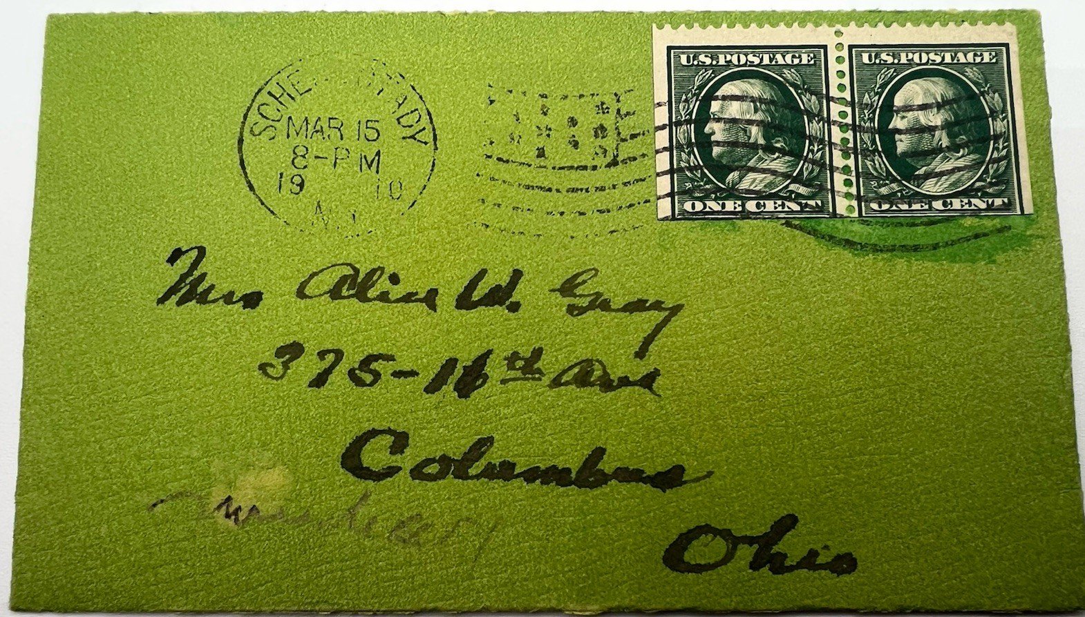 1910 Schenectady NY Cover Pair 1c Franklin Stamps to Columbus Ohio #1398