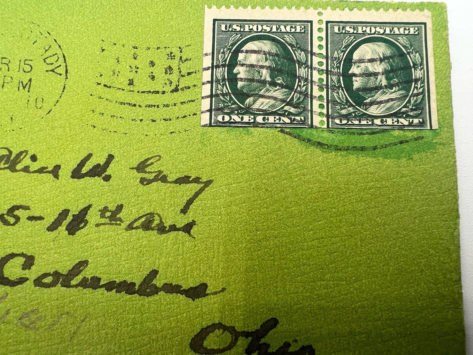 1910 Schenectady NY Cover Pair 1c Franklin Stamps to Columbus Ohio #1398 photo 2