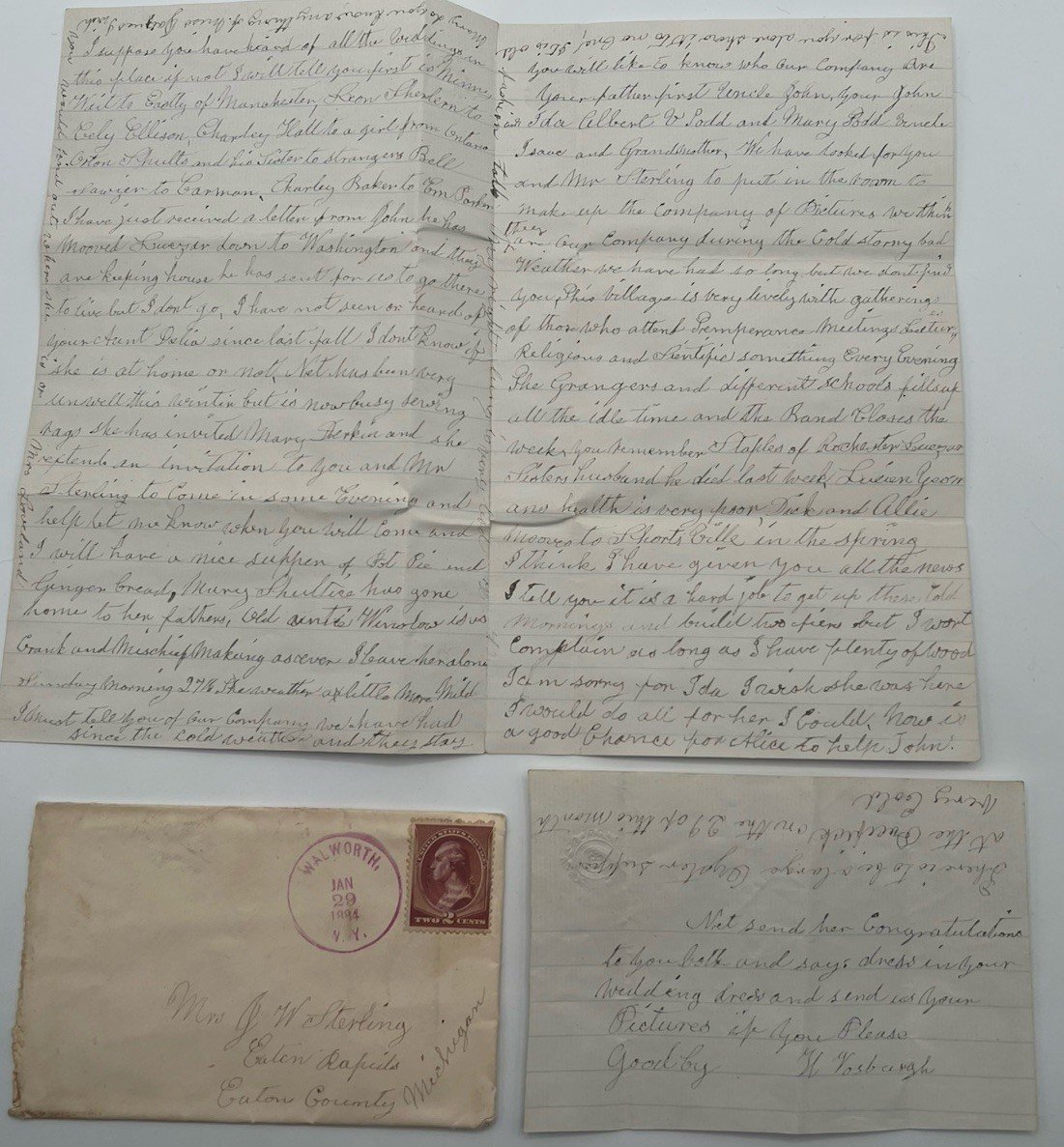 1884 M. Vosburgh Letters & Cover Walworth NY to Mary Stirling Michigan #1400