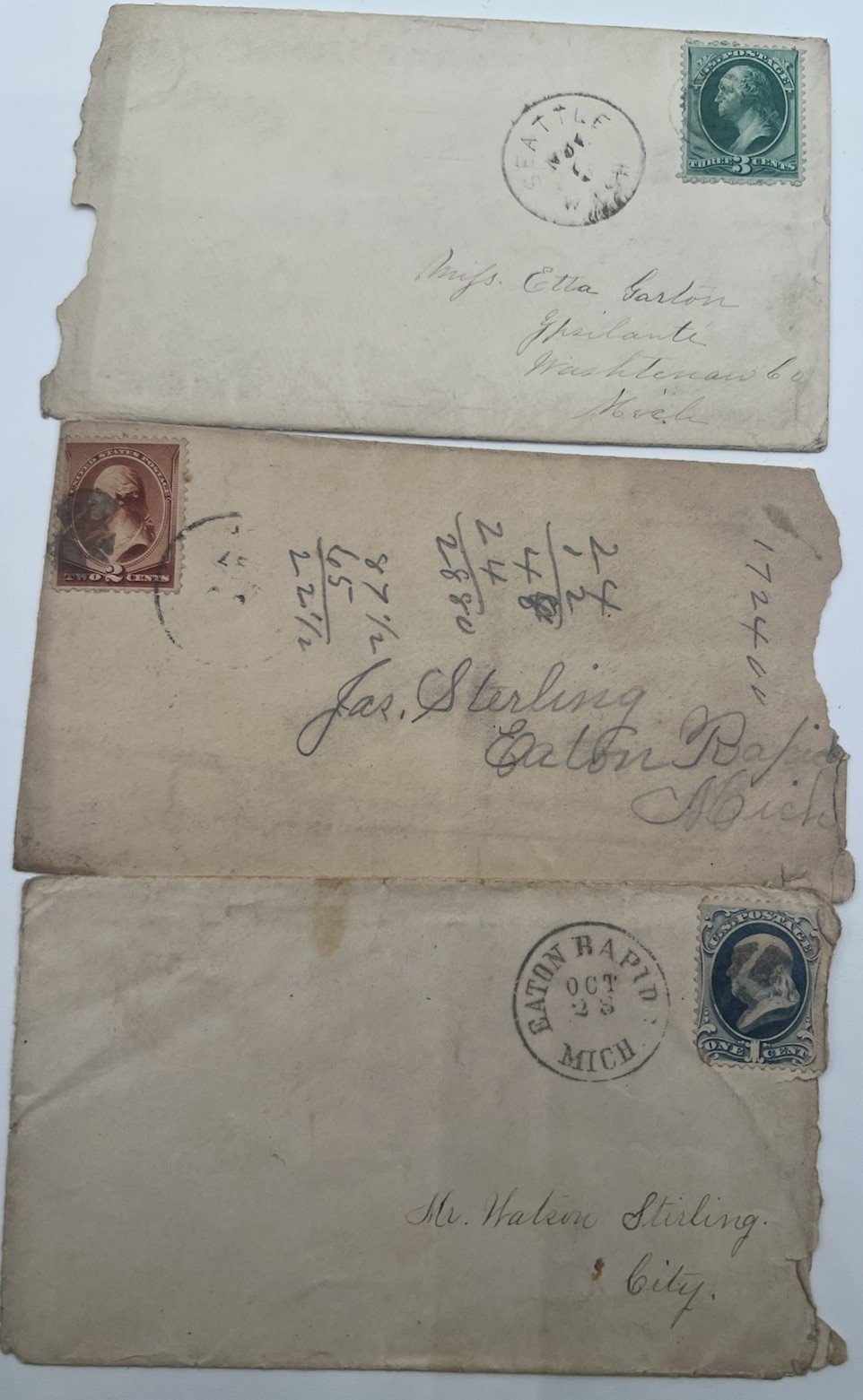 3 Antique Covers Seattle W.T. Stirling Garton Eaton Rapids Michigan #1402