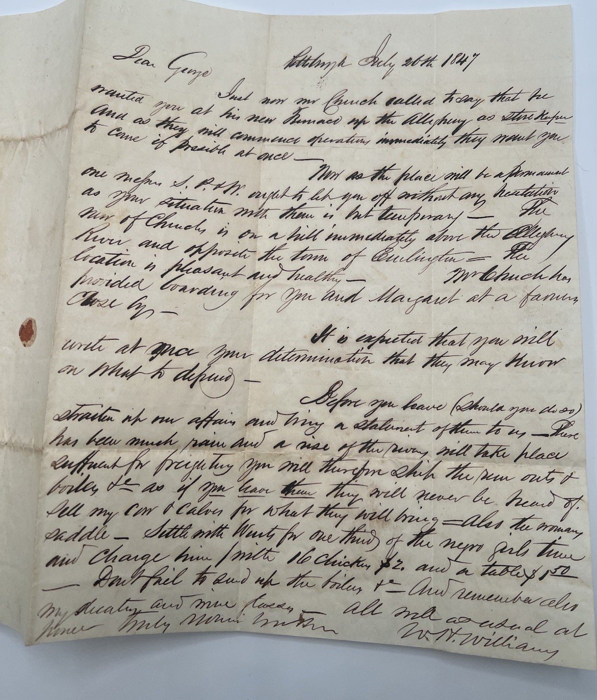 1847 W.H. Williams Letter Allegheny Furnace Stone Keeper Pittsburgh #1403