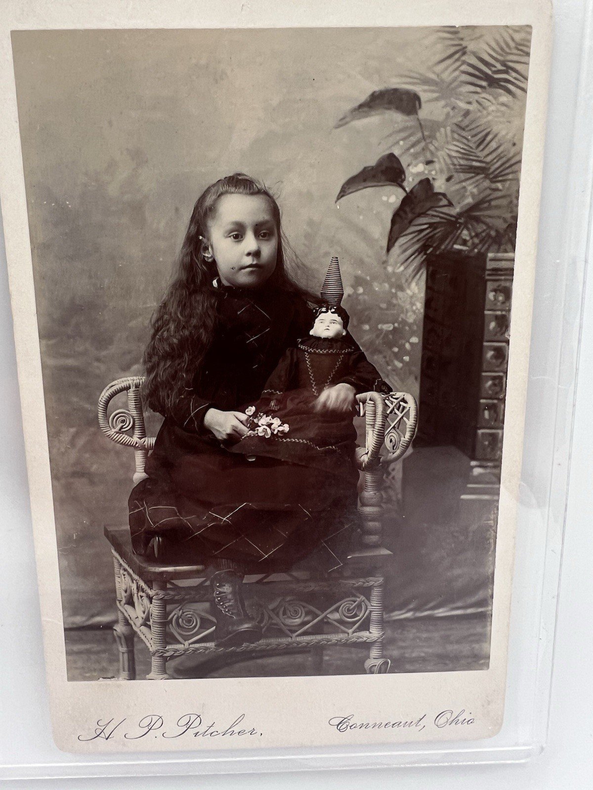 Victorian Girl w/ China Head Clown Doll Cabinet Card H.P. Pitcher Ohio #1412