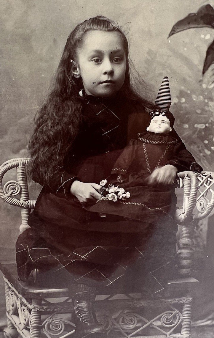 Victorian Girl w/ China Head Clown Doll Cabinet Card H.P. Pitcher Ohio #1412 photo 2