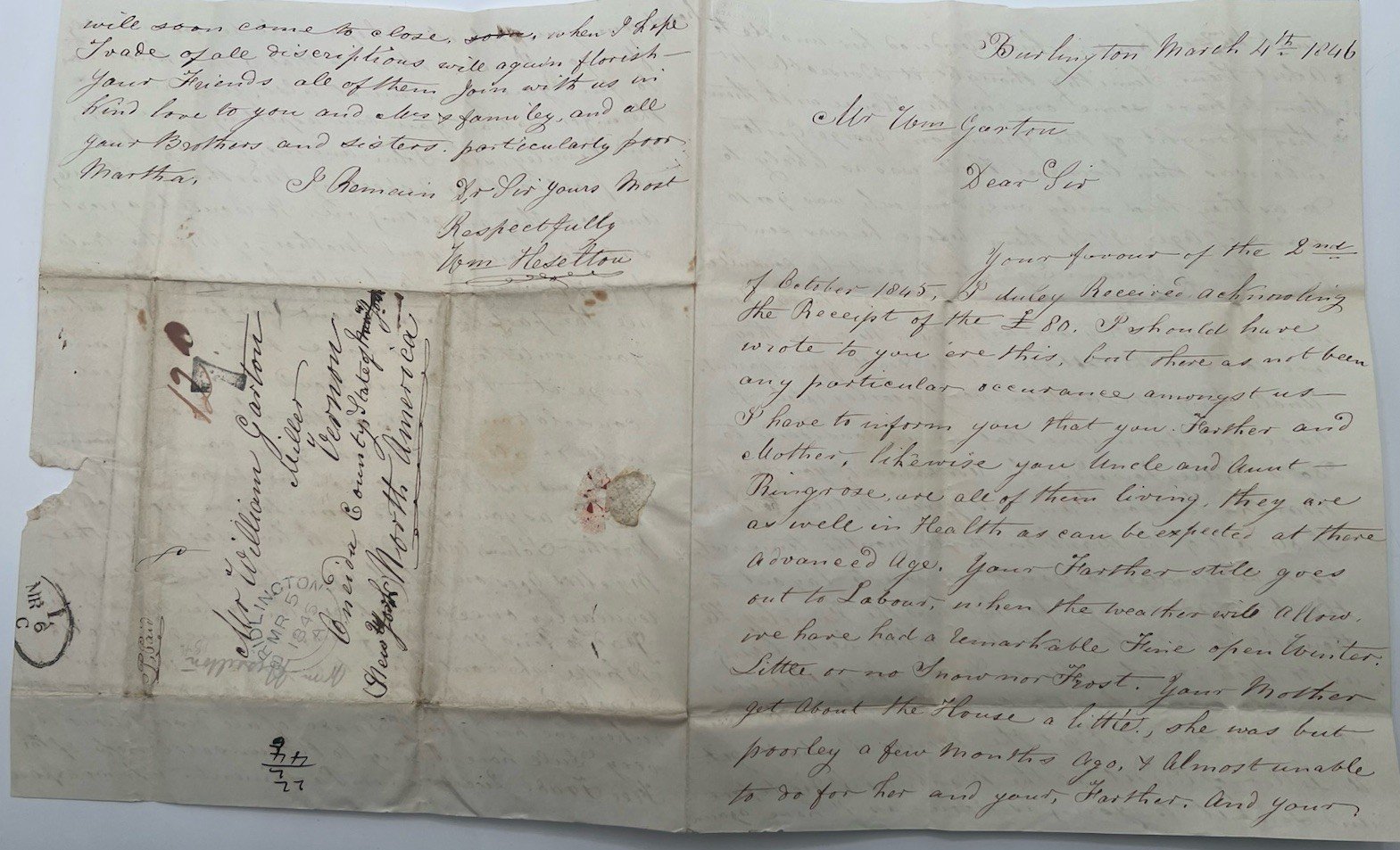 1846 Transatlantic Folded Letter Bridlington England to Vernon NY 1/- 7c #1415