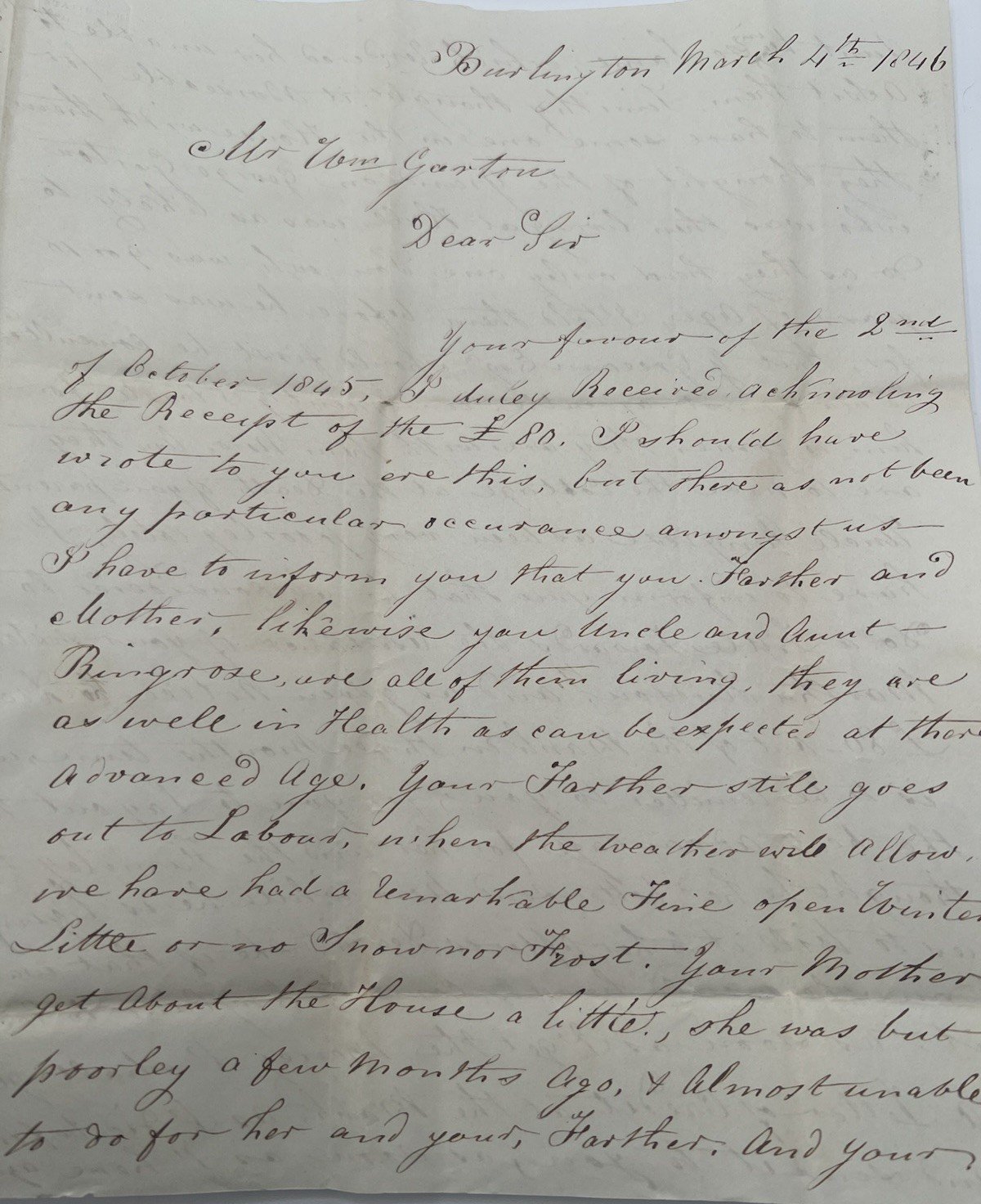 1846 Transatlantic Folded Letter Bridlington England to Vernon NY 1/- 7c #1415 photo 2