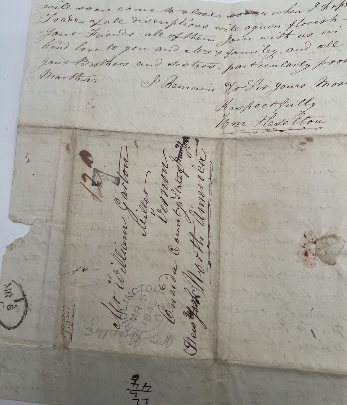 1846 Transatlantic Folded Letter Bridlington England to Vernon NY 1/- 7c #1415 photo 3