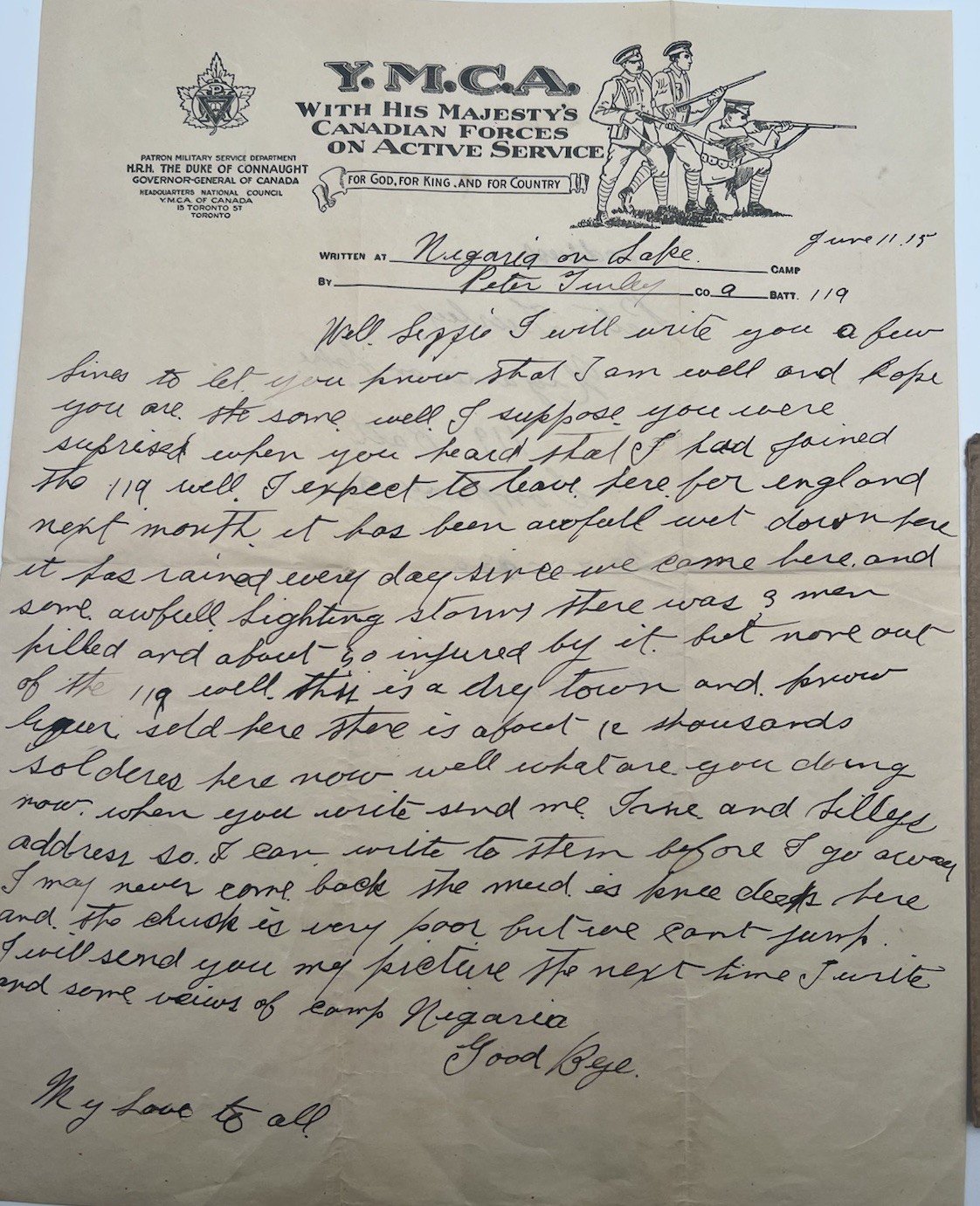 WWI 1916 119th Battalion Peter Turley Niagara Camp Storm Letter Canada #1416