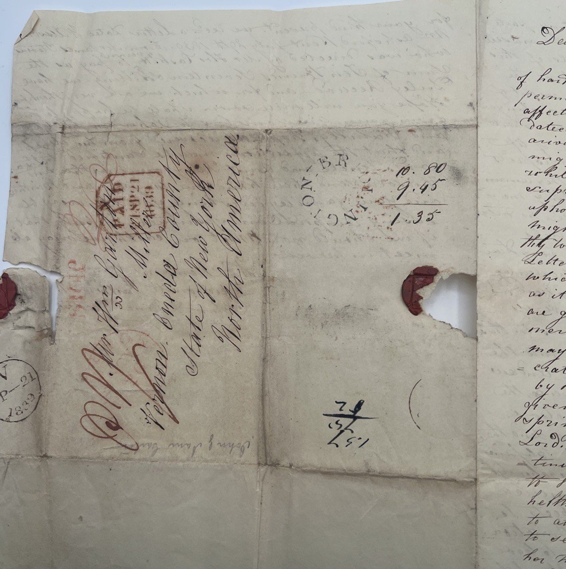 1839 Transatlantic Letter Probable British Queen Bridlington to Vernon NY #1417 photo 2