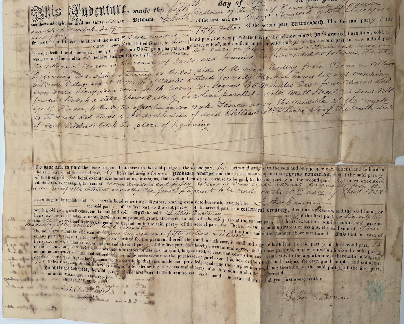 1837 Oneida County NY Mortgage Luther Eastman George Stoddard Paper Seal #1418