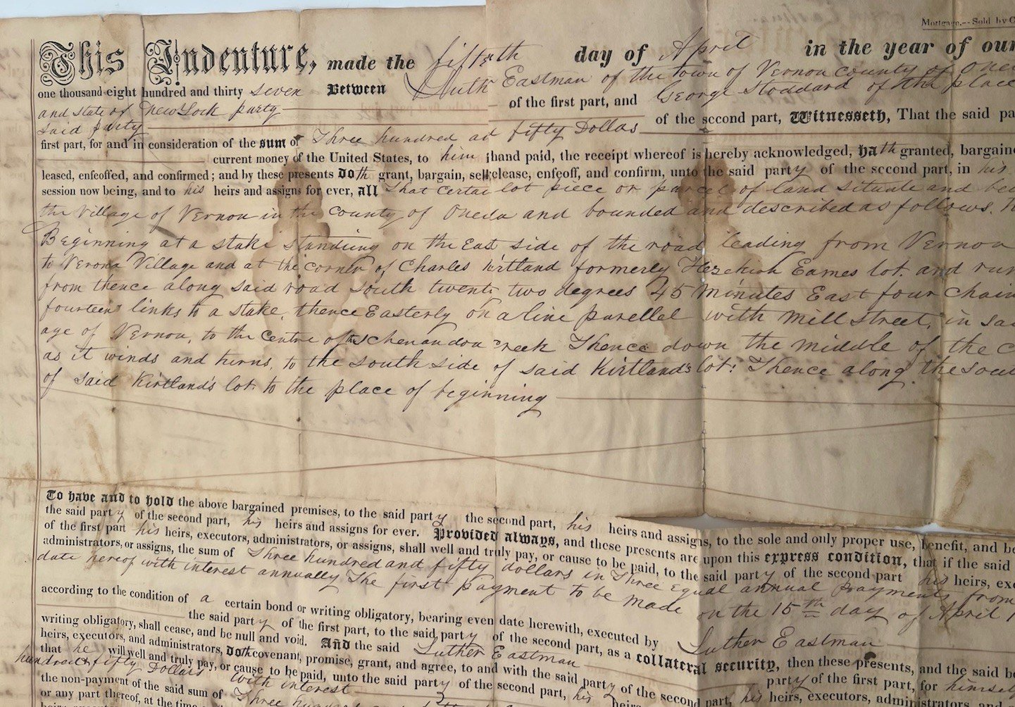 1837 Oneida County NY Mortgage Luther Eastman George Stoddard Paper Seal #1418 photo 2