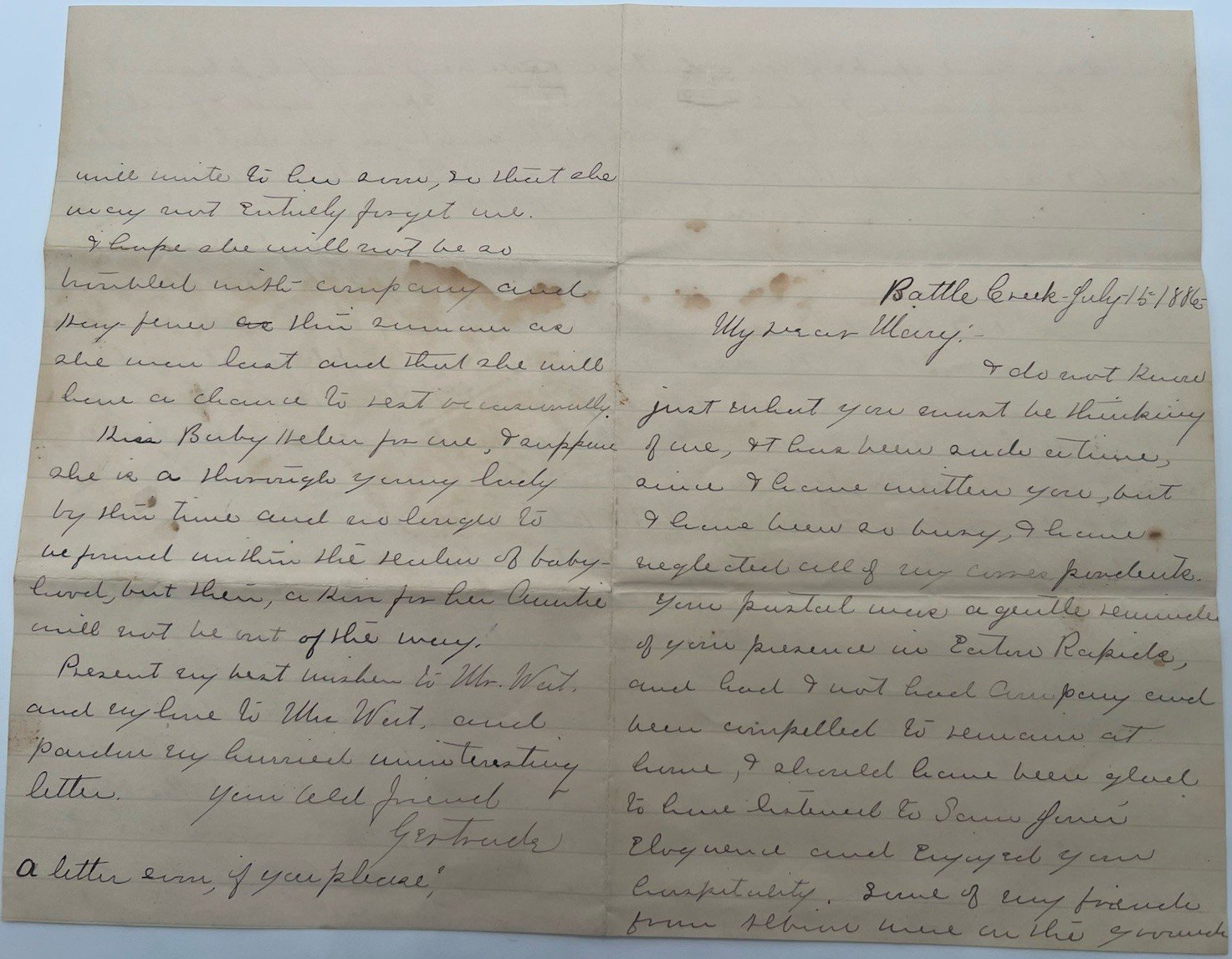 1886 Battle Creek MI Letter Mary Vosburg 3c Postal Cover Bellevue Marshall #1419
