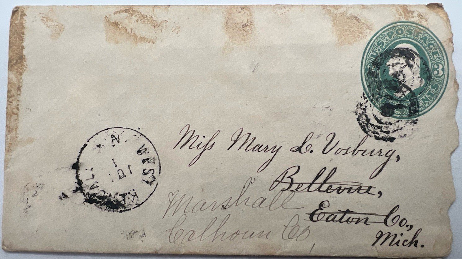 1886 Battle Creek MI Letter Mary Vosburg 3c Postal Cover Bellevue Marshall #1419 photo 3