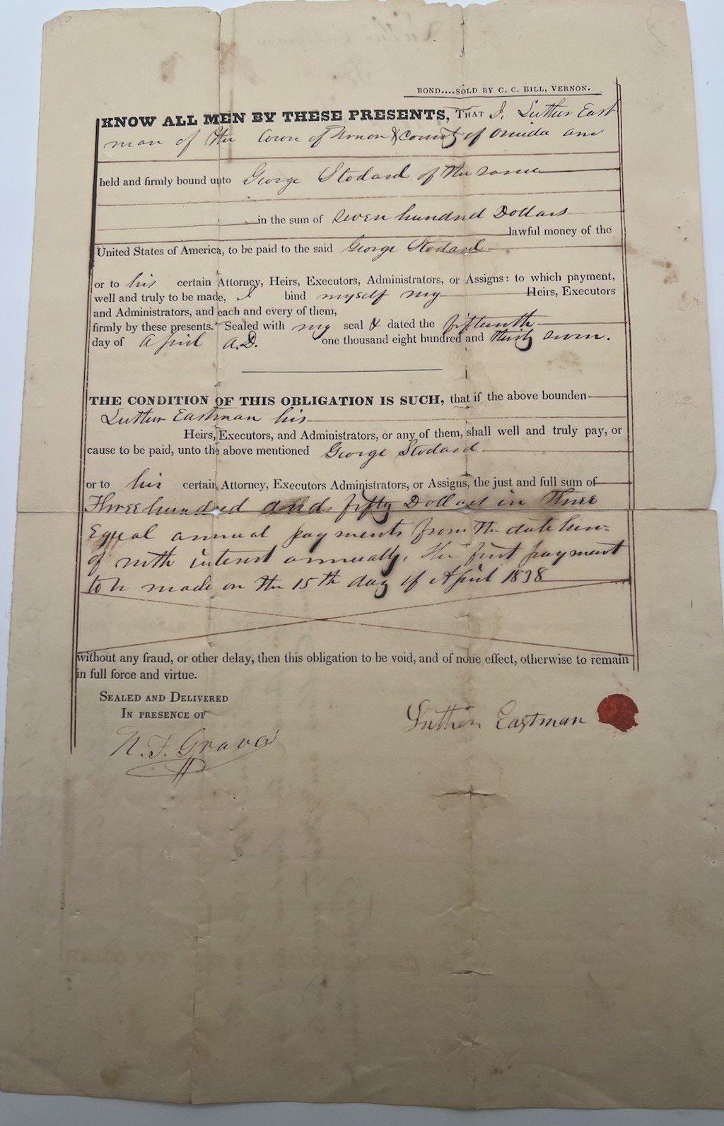 1837 Oneida County NY $350 Debt Bond Luther Eastman George Stodard #1420