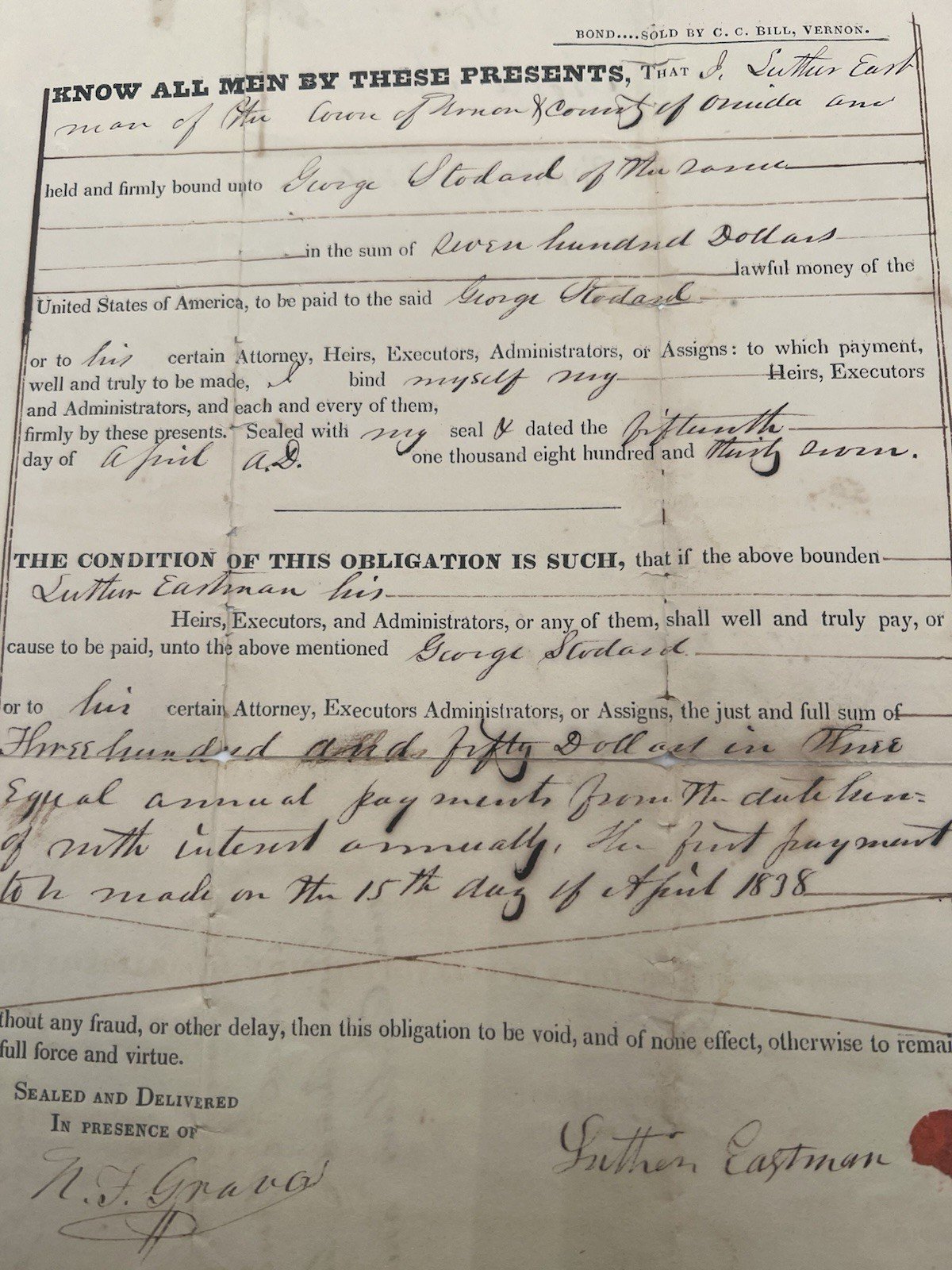 1837 Oneida County NY $350 Debt Bond Luther Eastman George Stodard #1420 photo 2