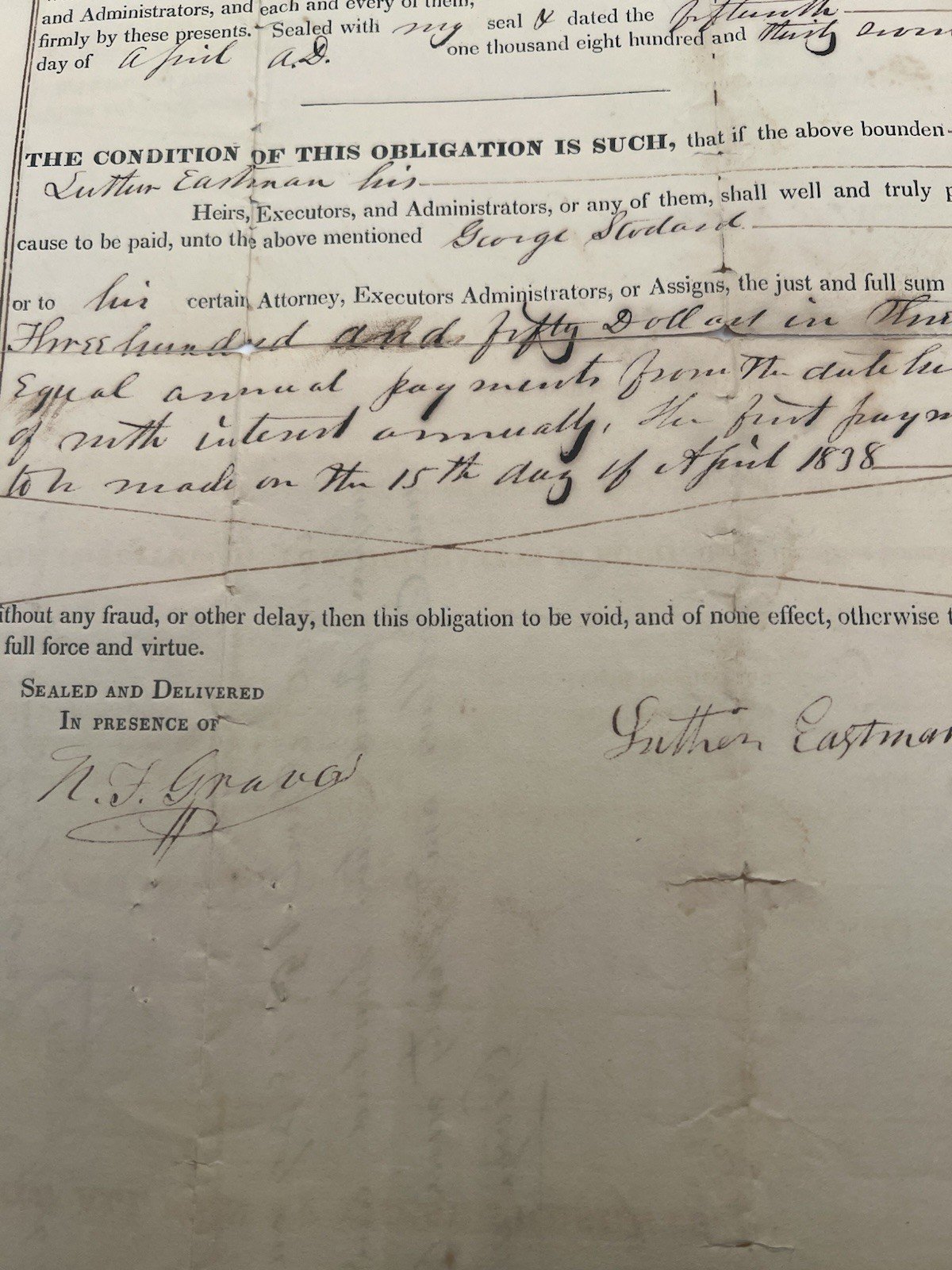 1837 Oneida County NY $350 Debt Bond Luther Eastman George Stodard #1420 photo 3