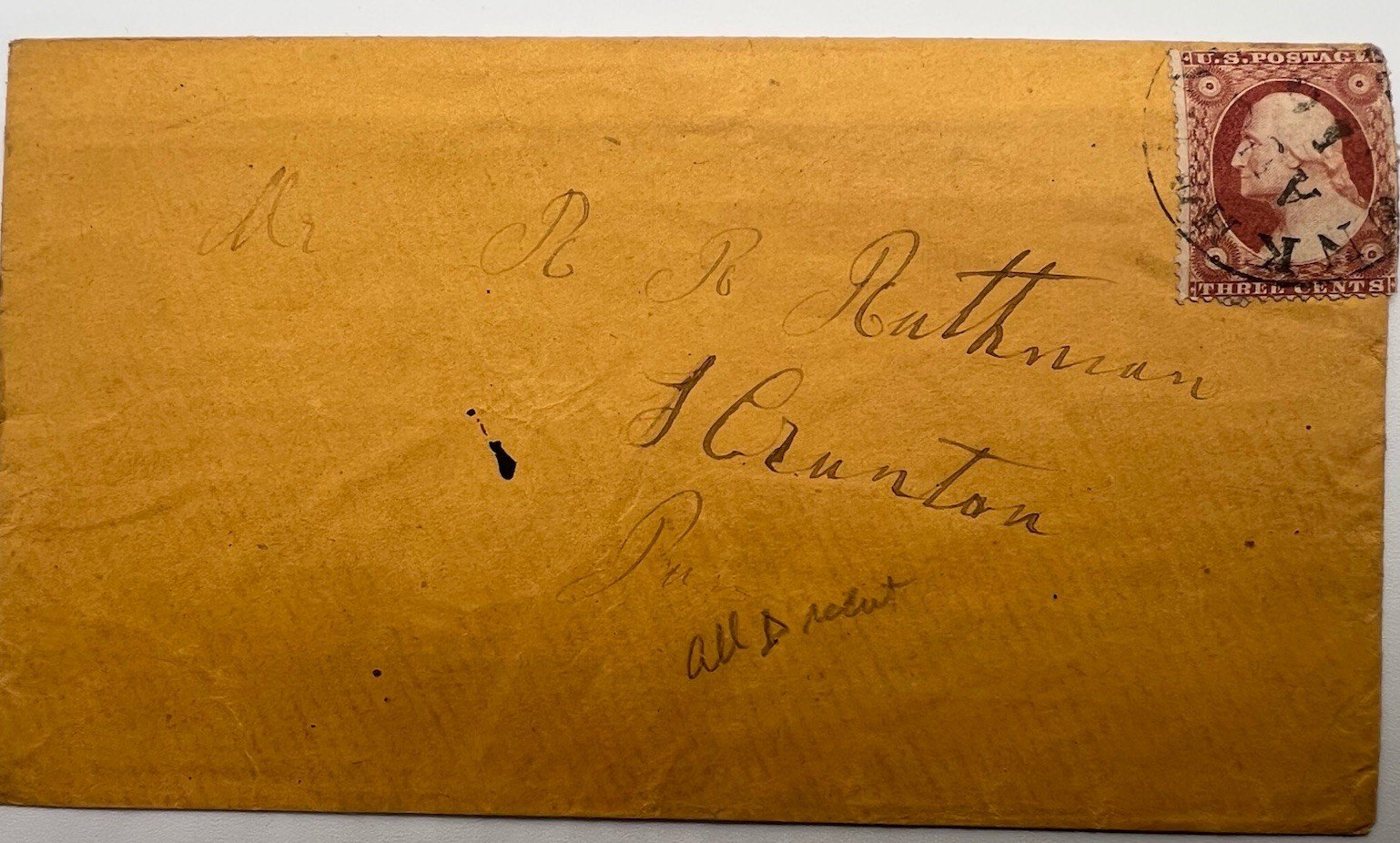 1857 3¢ Washington Scott #26 Type III Tied Cancel U.S. Postal Cover #1426