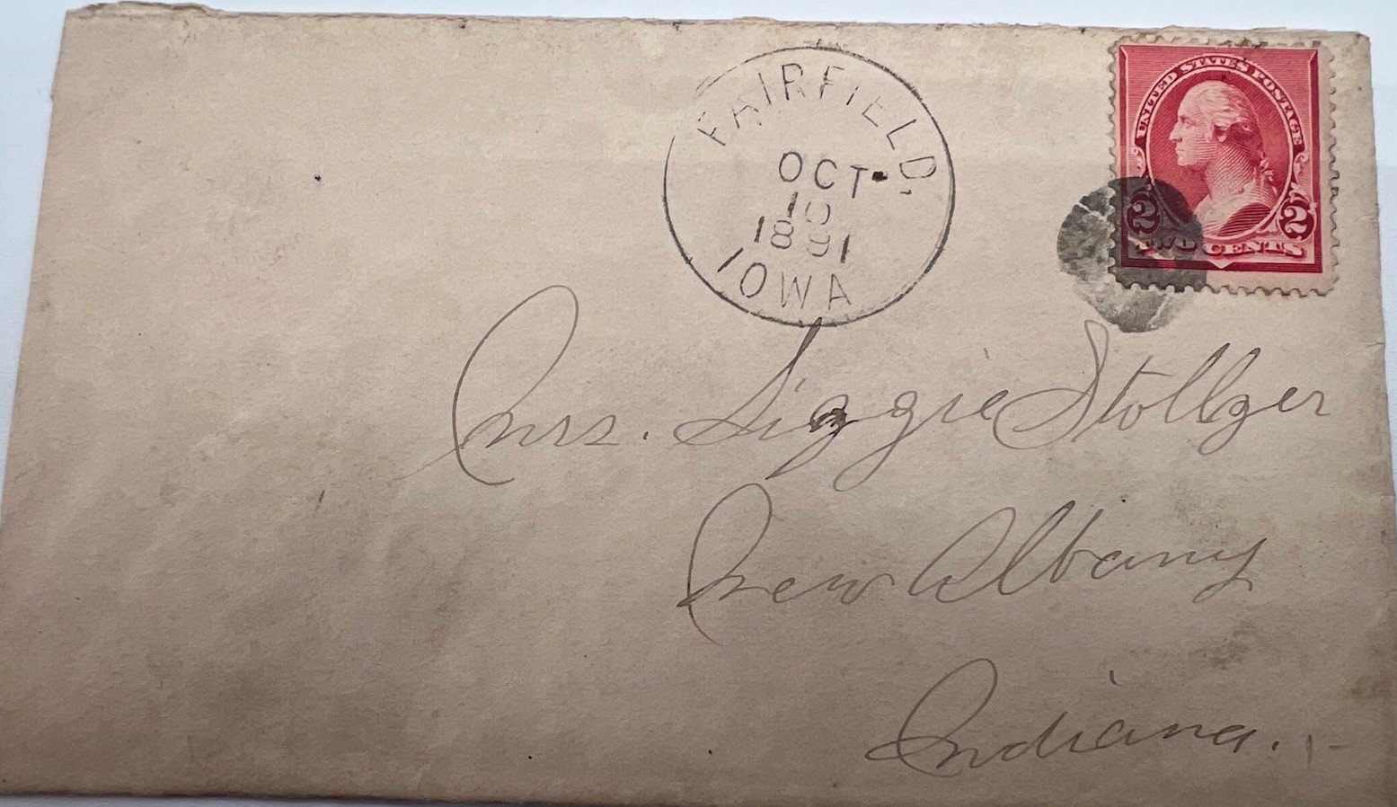 1891 Fairfield Iowa Cover 2¢ Washington Scott #220 New Albany IN #1427
