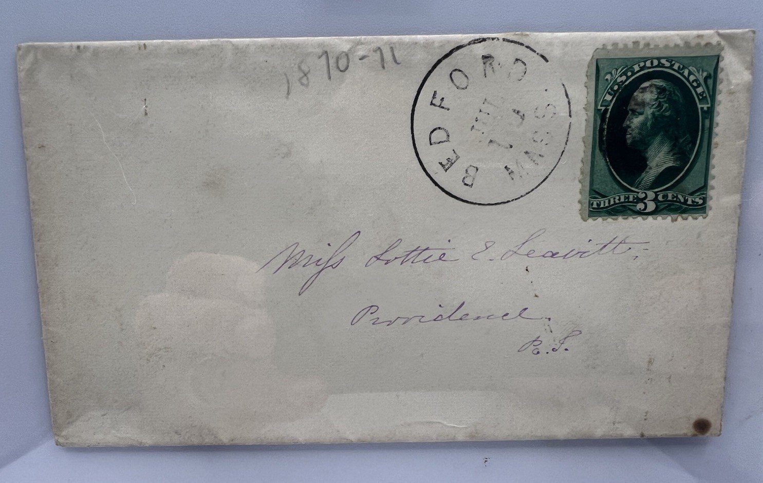 1870s Bedford MA Cover to Charlotte E. Leavitt Providence RI 3¢ Bank Note #1428