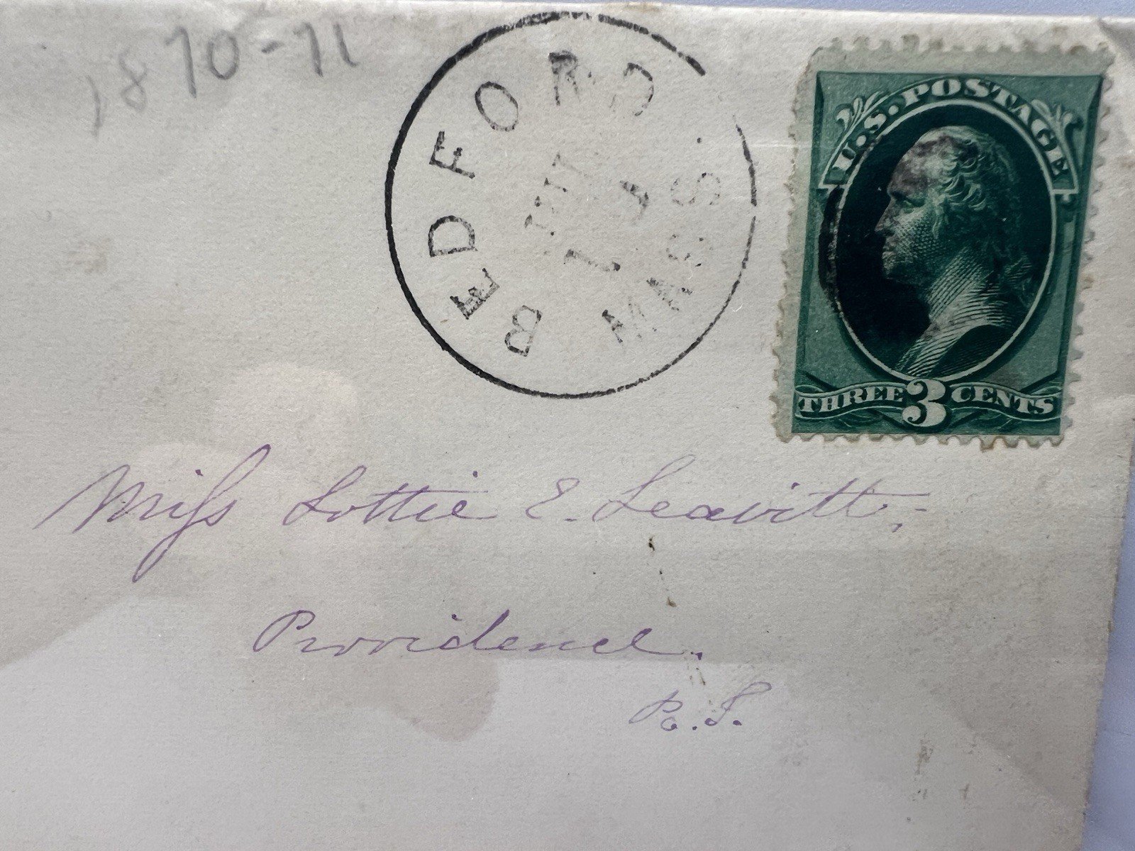 1870s Bedford MA Cover to Charlotte E. Leavitt Providence RI 3¢ Bank Note #1428 photo 2