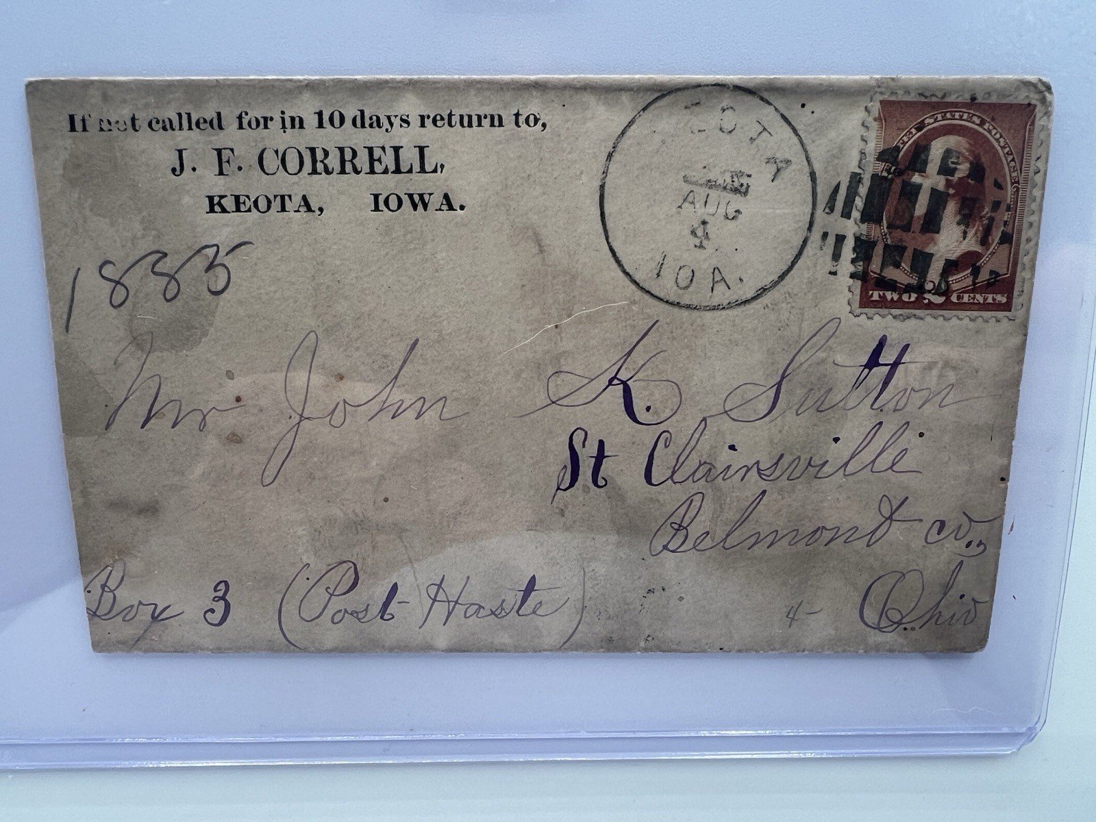 1885 Keota Iowa Cover Scott 210 2¢ Washington to St Clairsville Ohio #1429